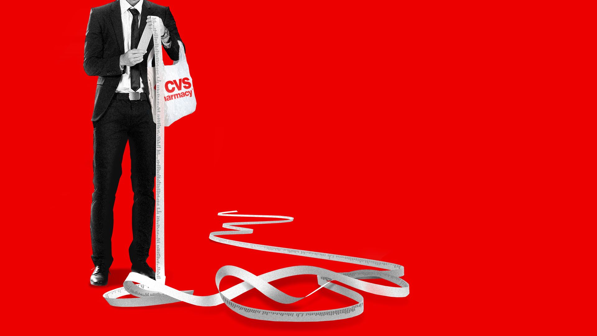 Illustration of a business man with a CVS bag and an extremely long receipt