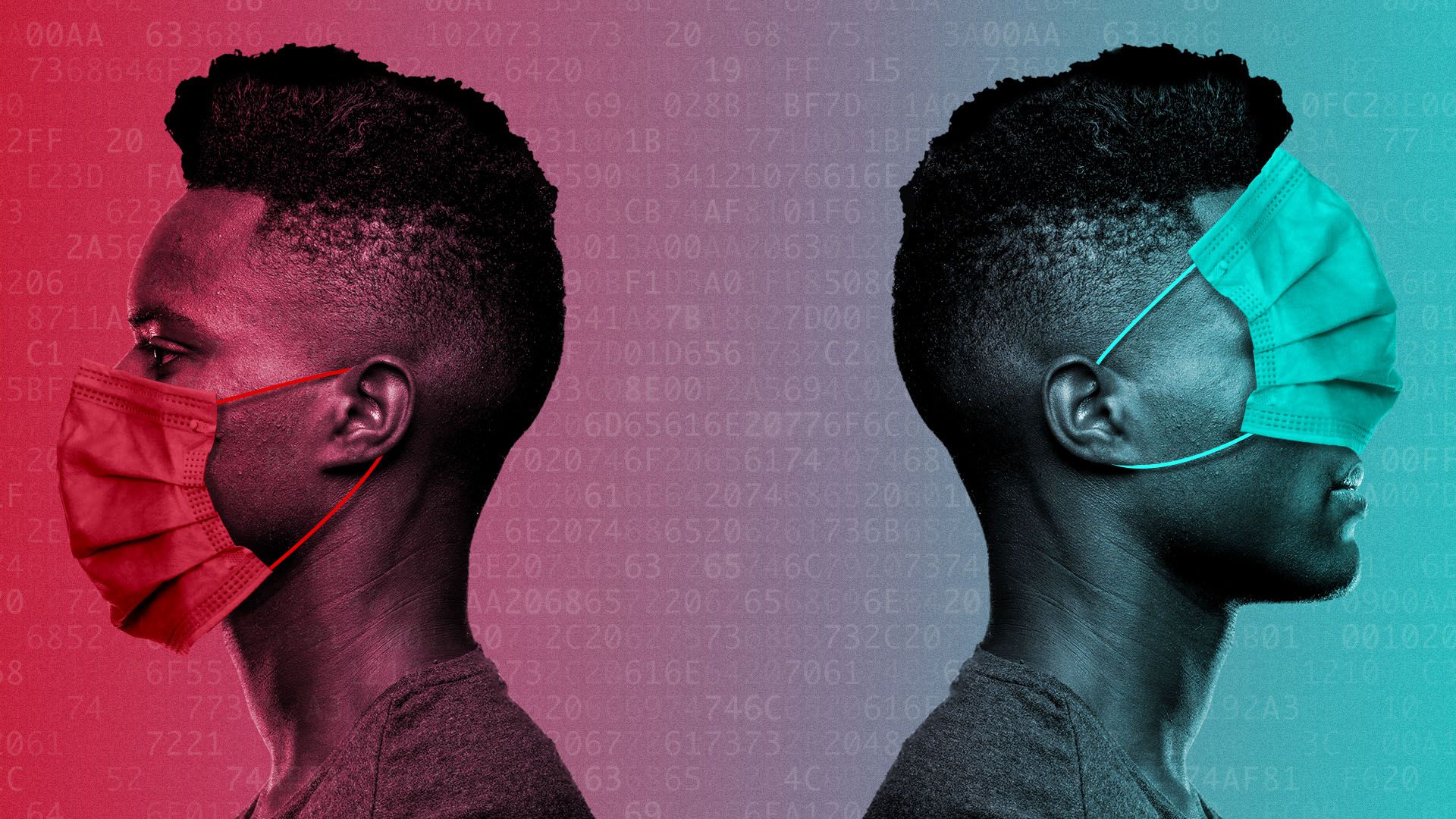 Illustration of a man in profile wearing a mask over his mouth while his double wears one covering his eyes