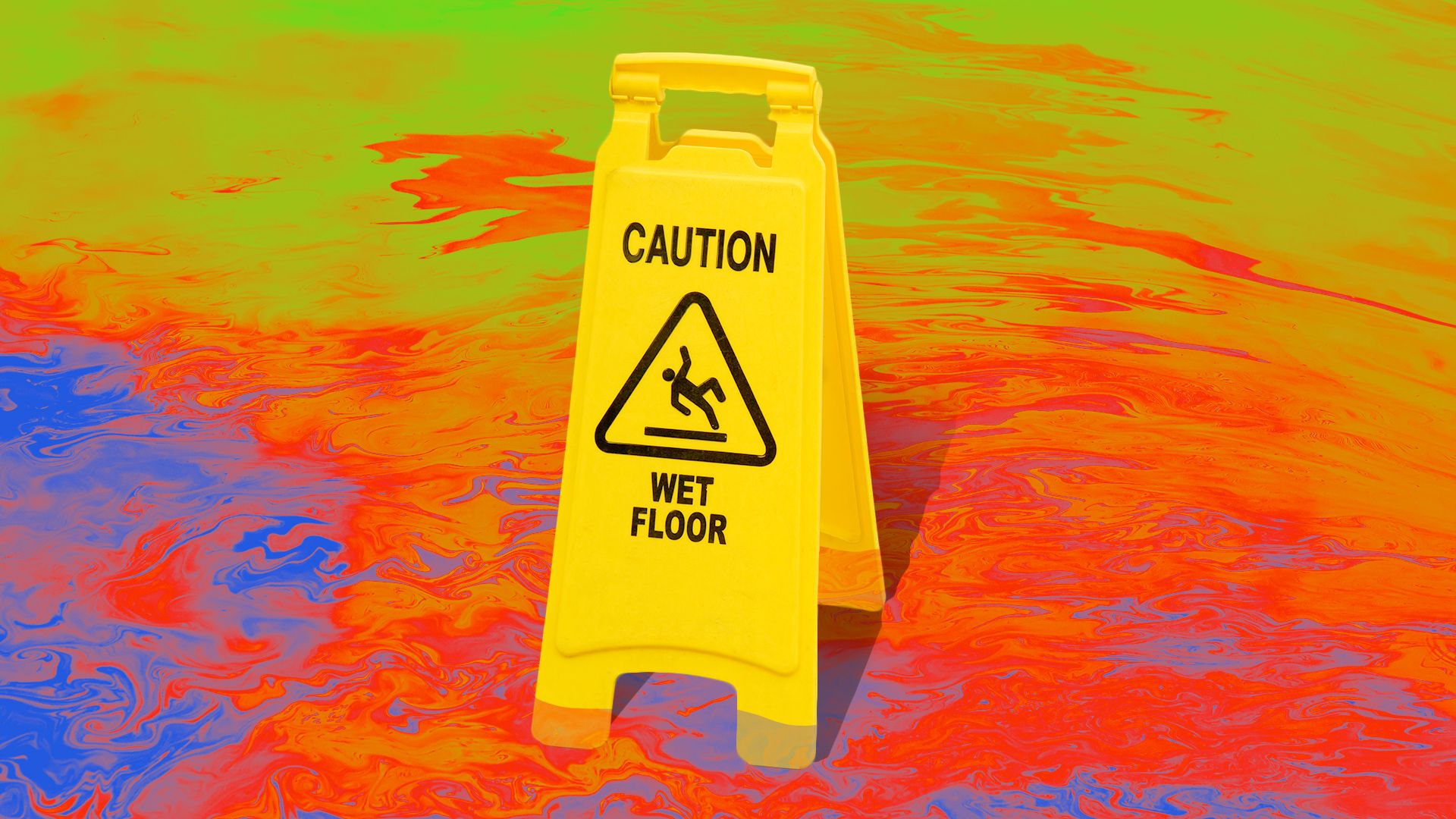 Illustration of a yellow caution wet floor sign on a floor full of mixed food dye. 