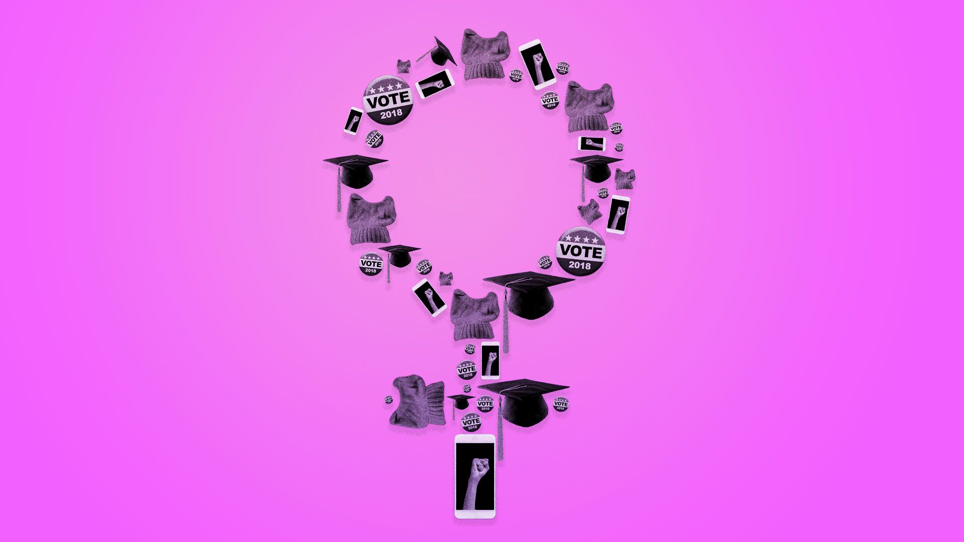 Illustration of a collage of items, including phones, graduation caps and voting buttons, making up the female symbol.