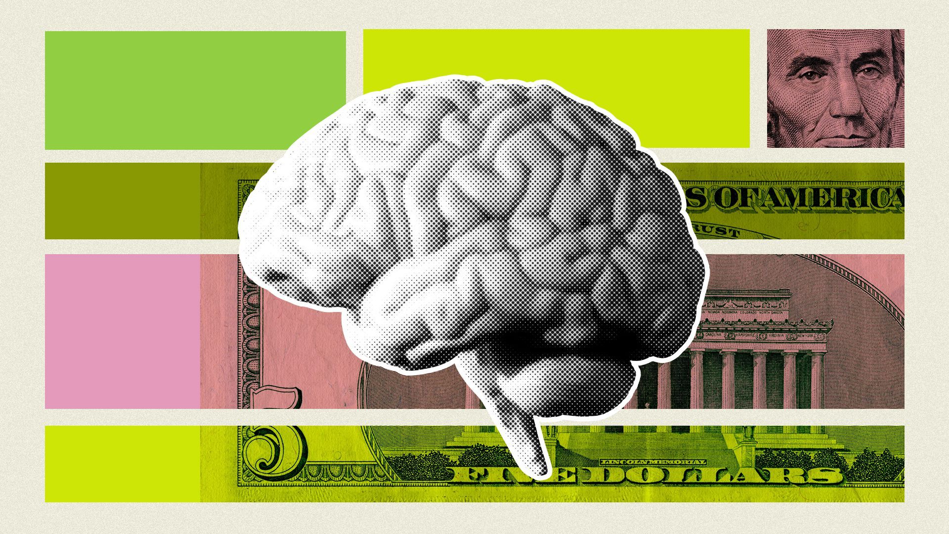 Illustration of a brain with abstract shapes and money elements.