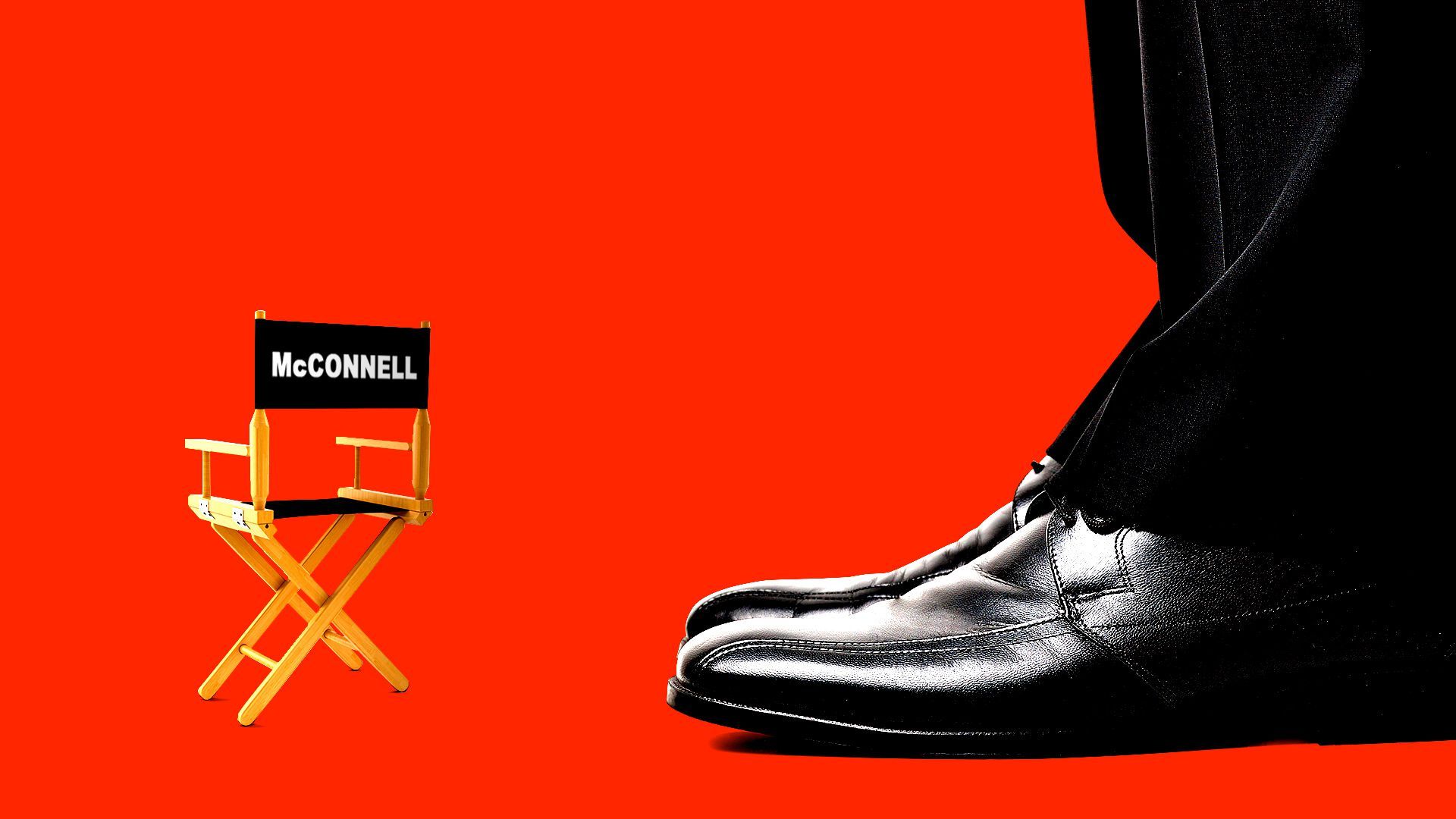 Illustration of a tiny director's chair with "McCONNELL" written on the back, next to a cropped cut of a giant person in a suit. 