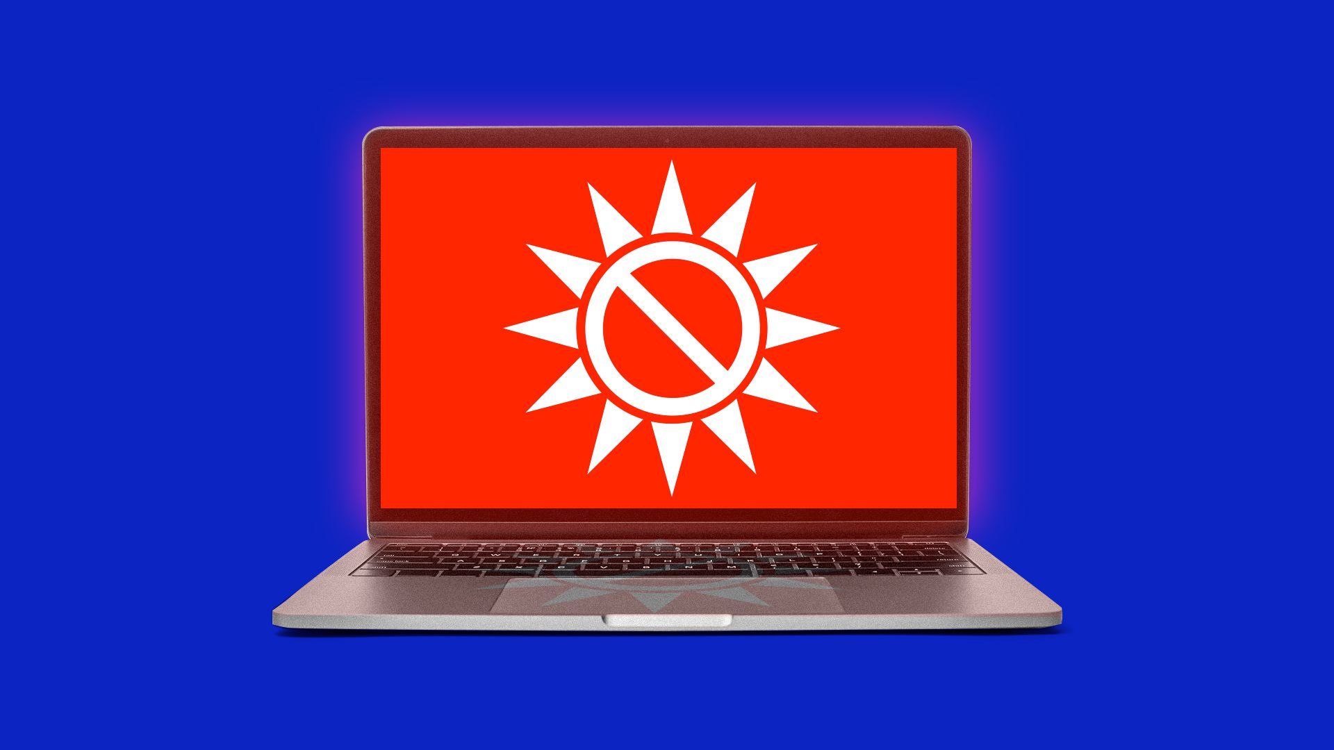Illustration of a laptop showing the white sun of the Taiwanese flag as a no symbol. 