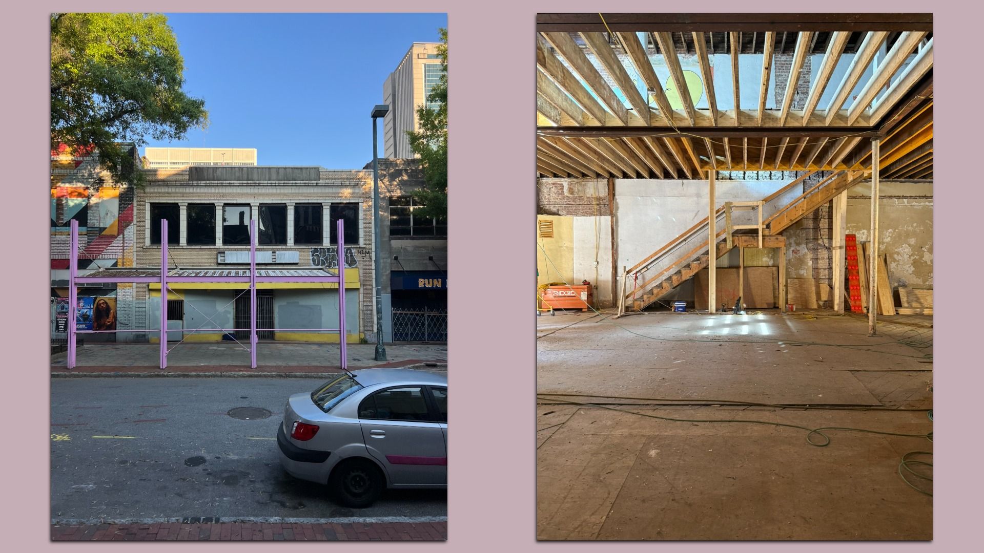 Left: Urban building facade with boarded windows, purple scaffolding, and a silver car parked on the street under a clear blue sky. Right: Interior construction site with wooden beams, stairs, and scattered tools.