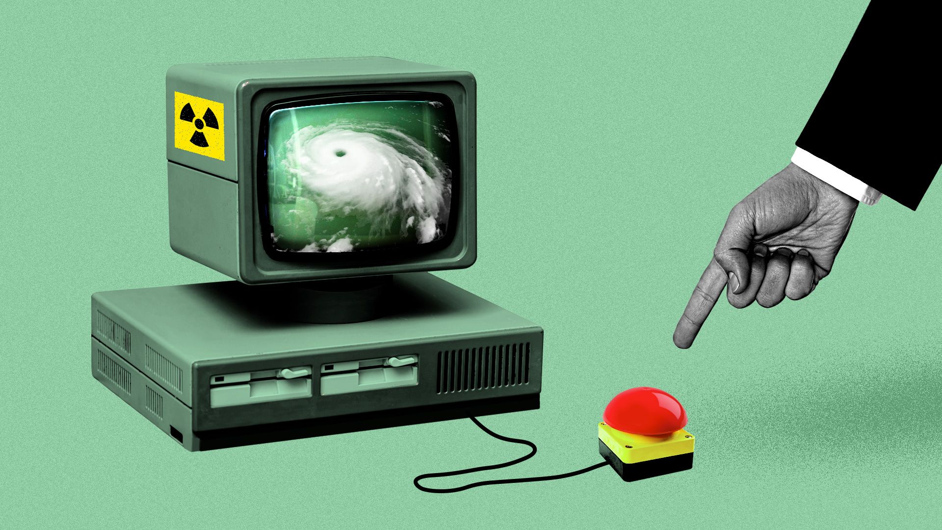 A hand about to press a red button to launch a nuclear weapon at a hurricane