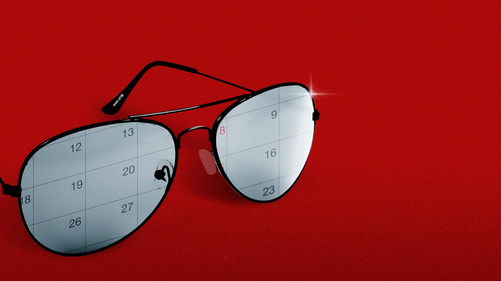 Illustration of a pair of Aviator sunglasses with a calendar reflected in the lenses.