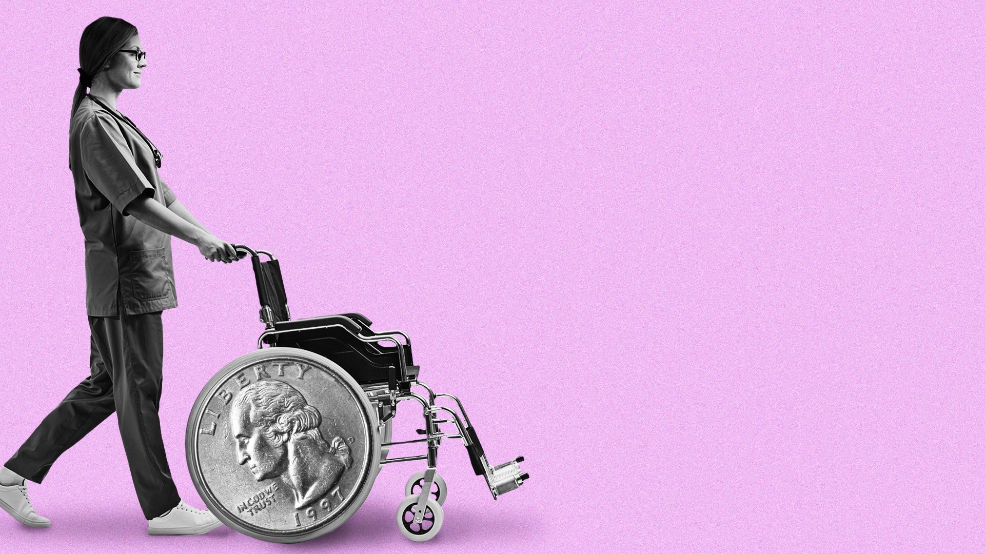 Illustration of a home health aide pushing an empty wheelchair with quarters for wheels.