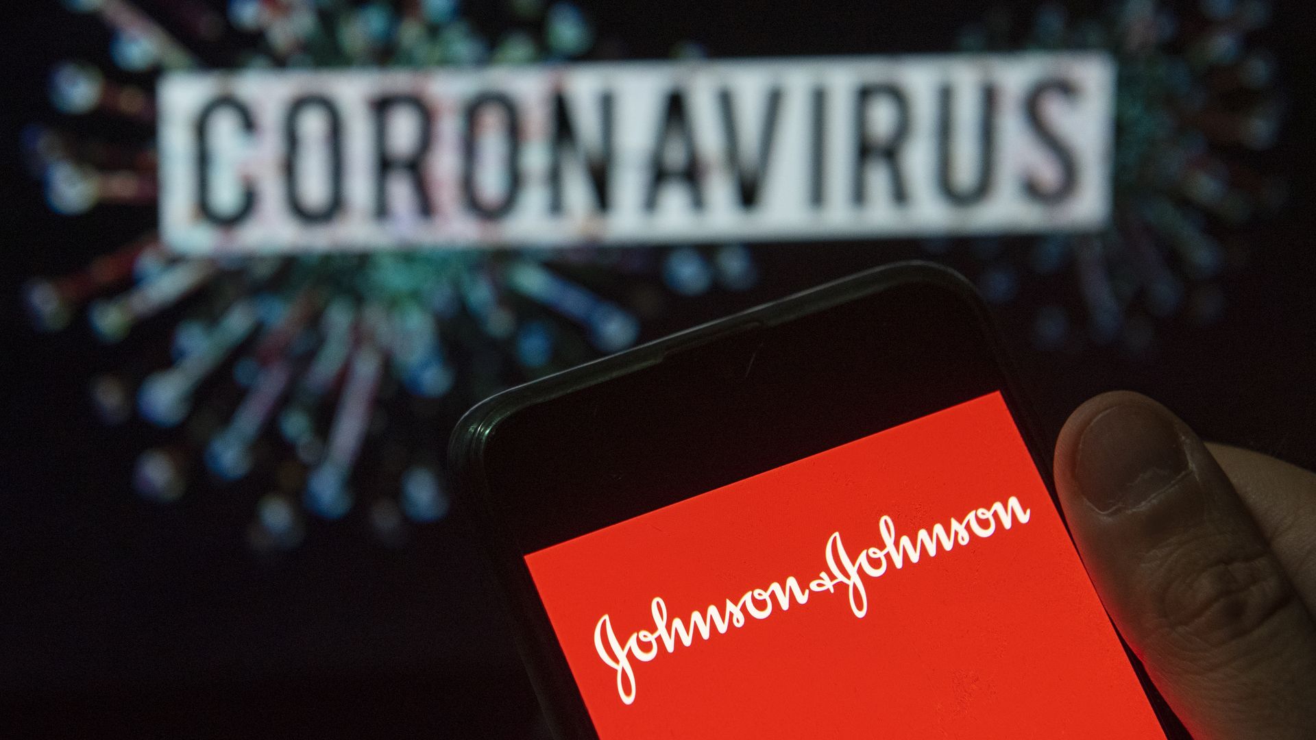 Red Johnson & Johnson logo in front of a background that says "Coronavirus."