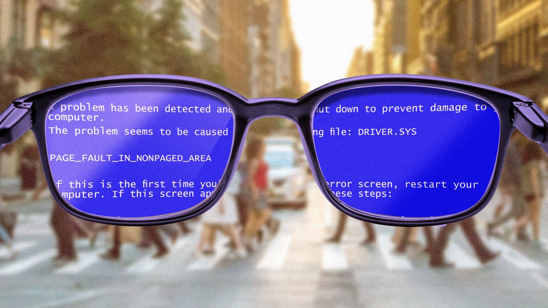 Illustration of glasses with the "blue error screen of death visible" with a city background