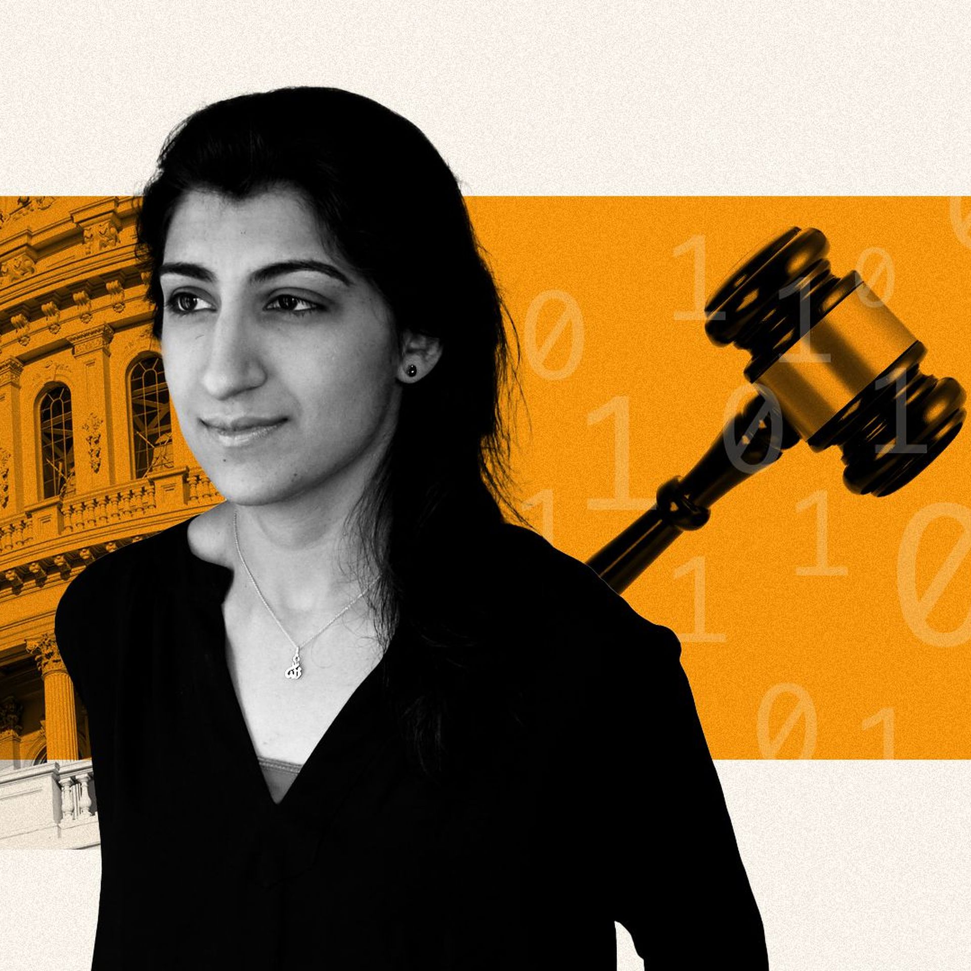 Photo illustration of Lina Khan with the Capitol Building, a gavel, and binary code