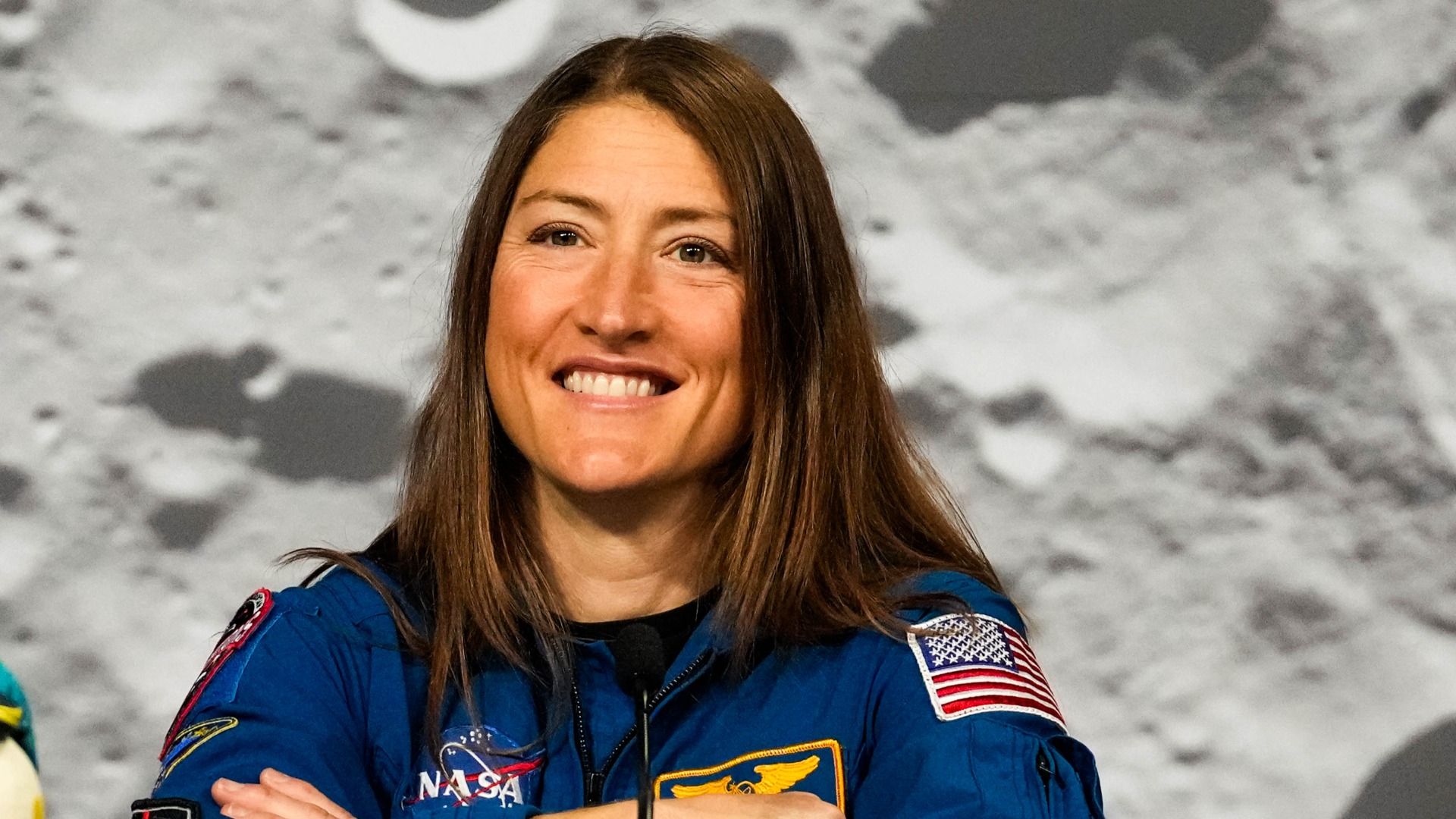 Christina Koch, astronaut from the Artemis II crew, speaks during a press conference following their mission orbiting the moon, in Houston.