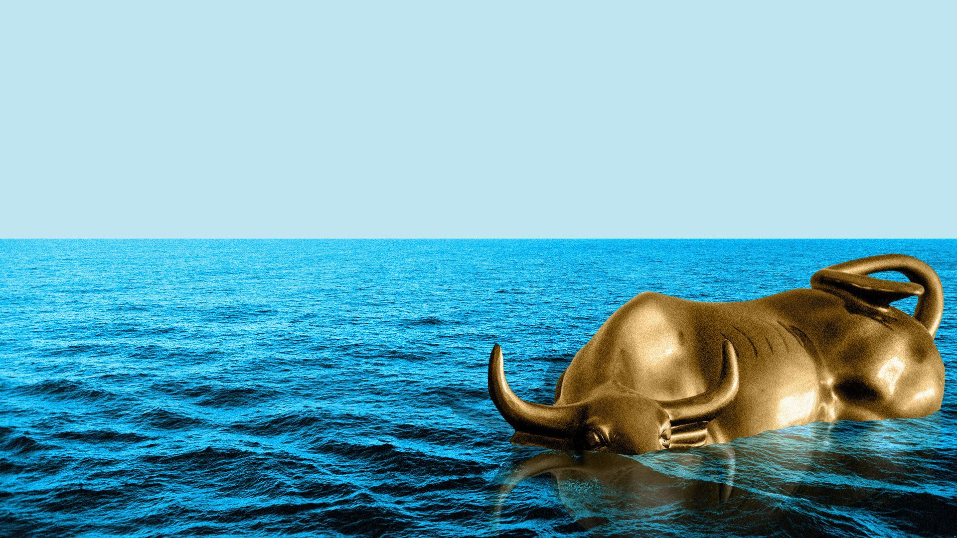 Illustration of the Wall Street bull under blue water.  