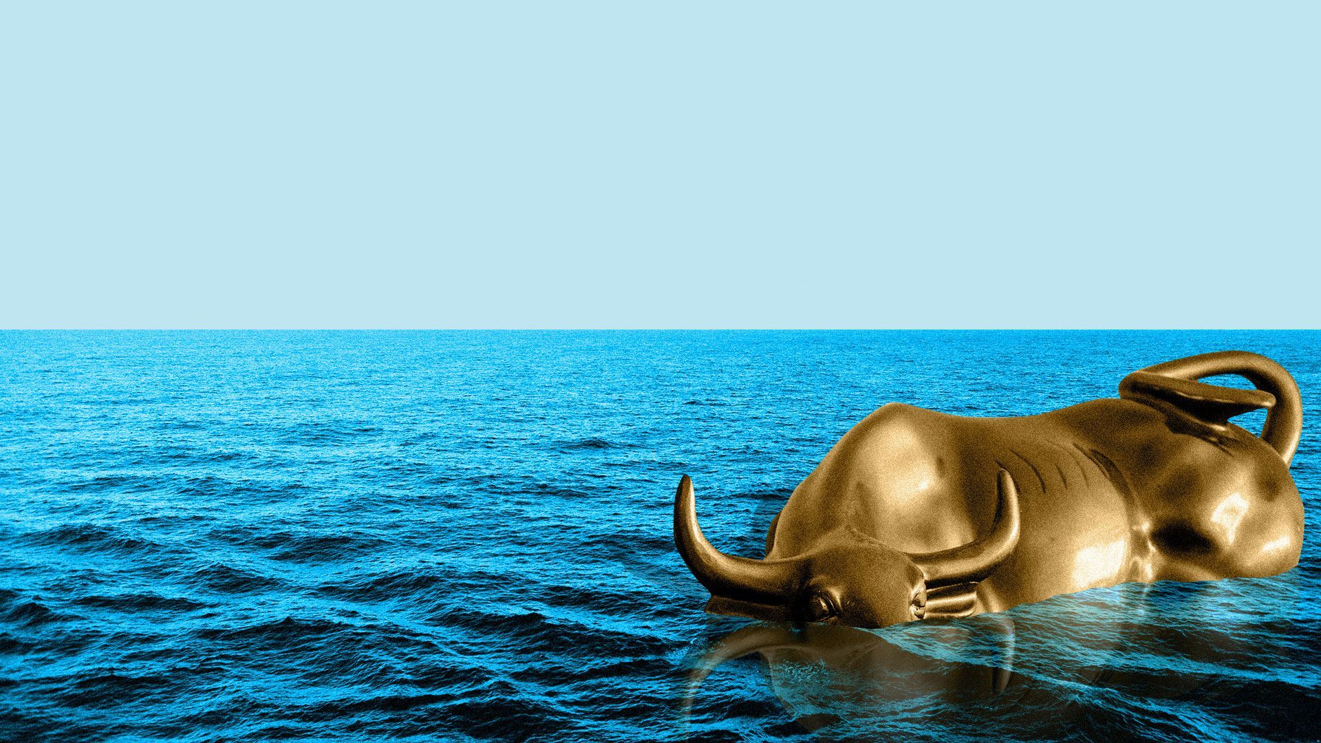 Illustration of the Wall Street bull under blue water.