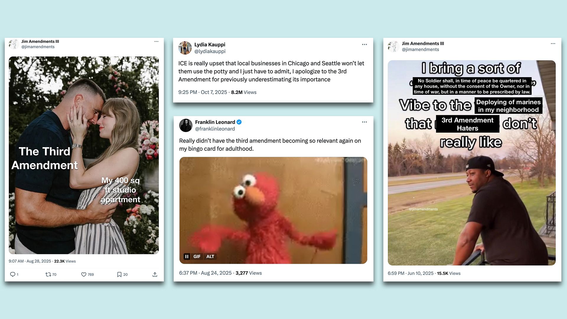 Images of Third Amendment memes circulating on X. Screenshot: @jimamendments, @lydiakauppi, @franklinleonard via X