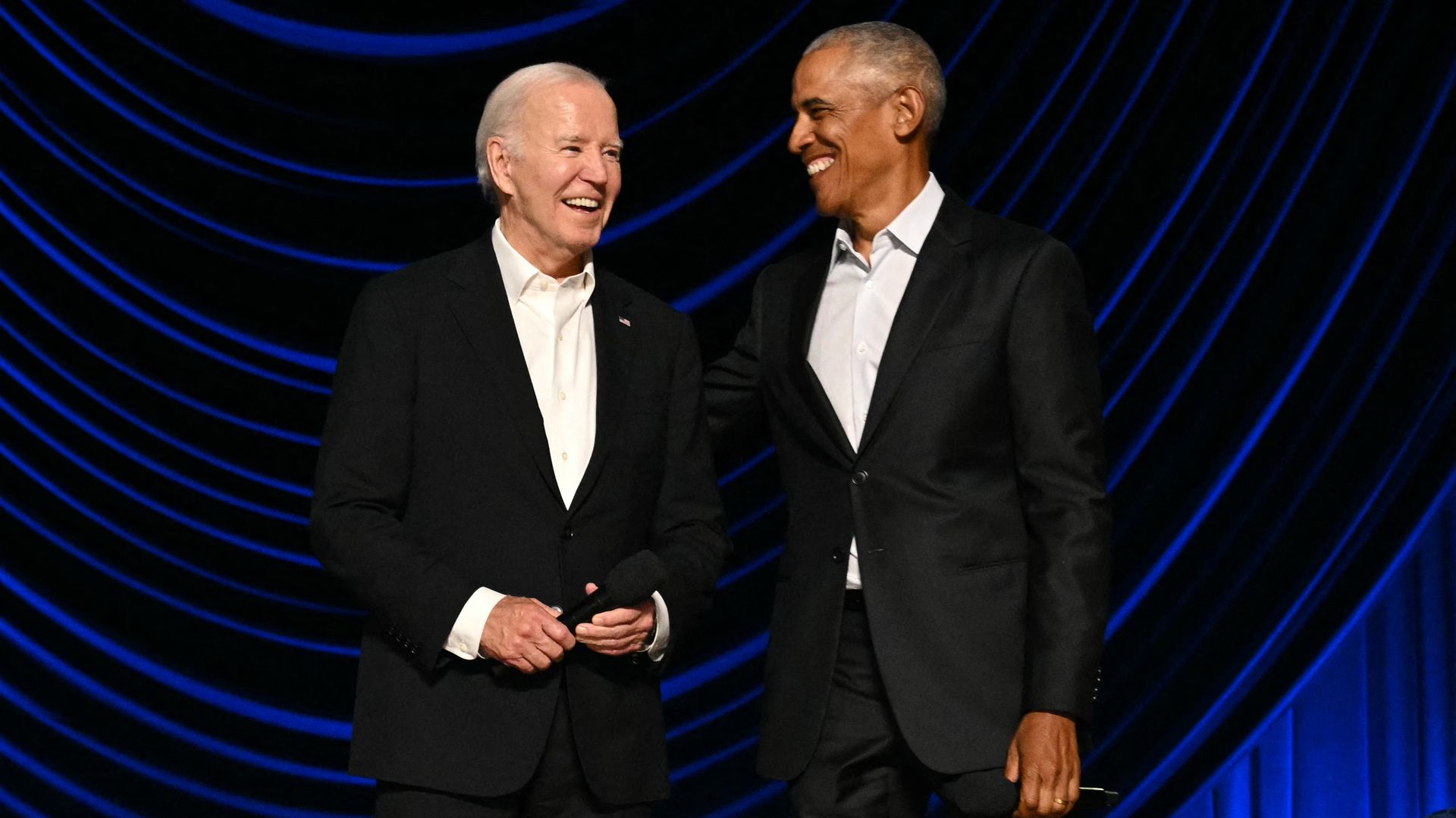 President Biden and President Obama during a campaign fundraiser at the Peacock Theater in Los Angeles on Sunday night. Photo: Mandel Ngan/AFP via Getty Images