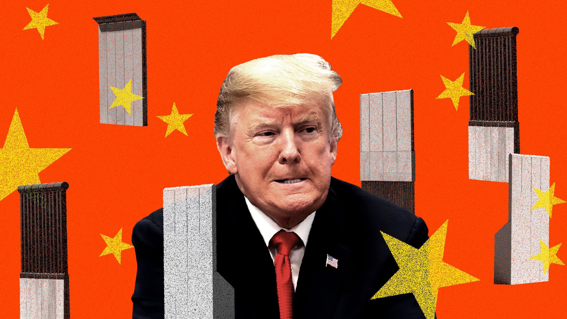 Donald Trump surrounded by wall prototypes and Chinese stars