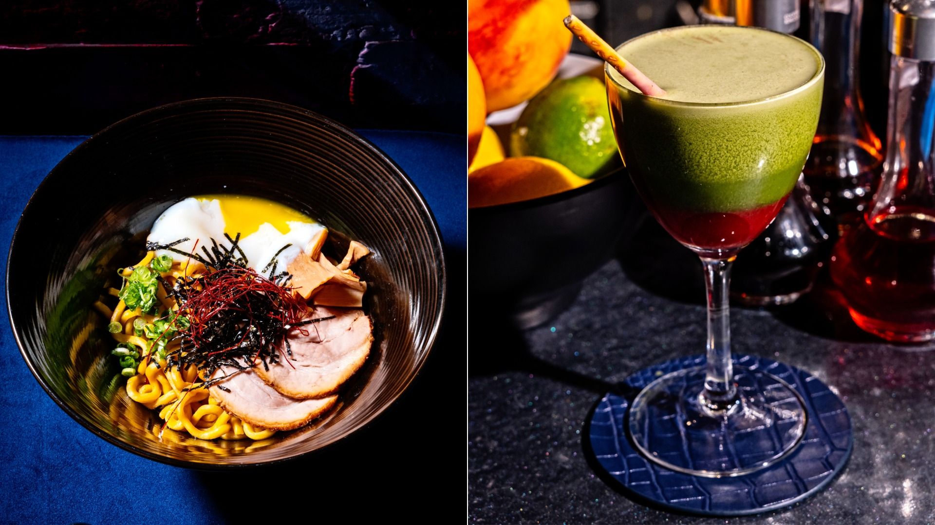 Left: bowl of ramen with noodles, two slices of pork, a soft-boiled egg, mushrooms, green onions, and seaweed. Right: layered green and red cocktail in a wine glass with a patterned straw.