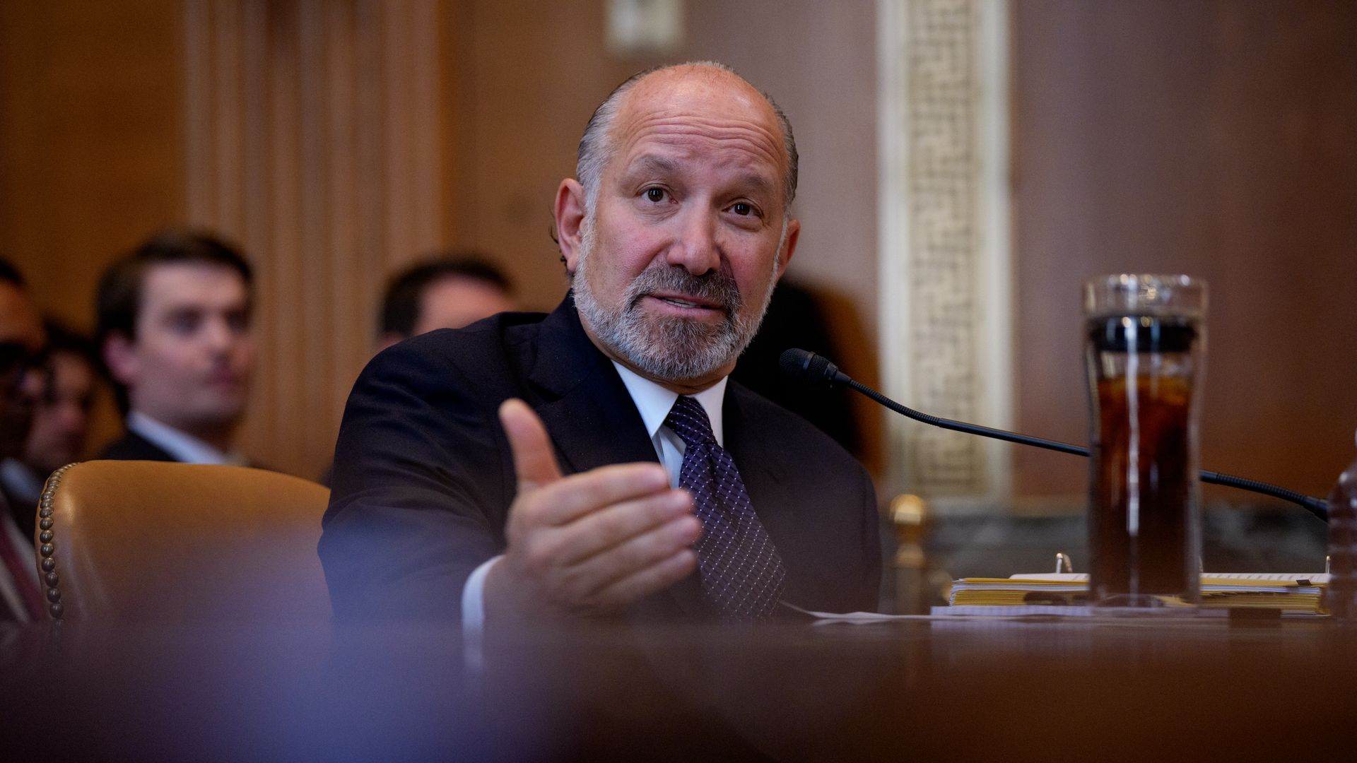 A bald, bearded Commerce Secretary Howard Lutnick, wearing a black jacket, white shirt and black and white checked tie, gestures with his right hand as he speaks during a Senate Appropriations Committee hearing  on Capitol Hill 
