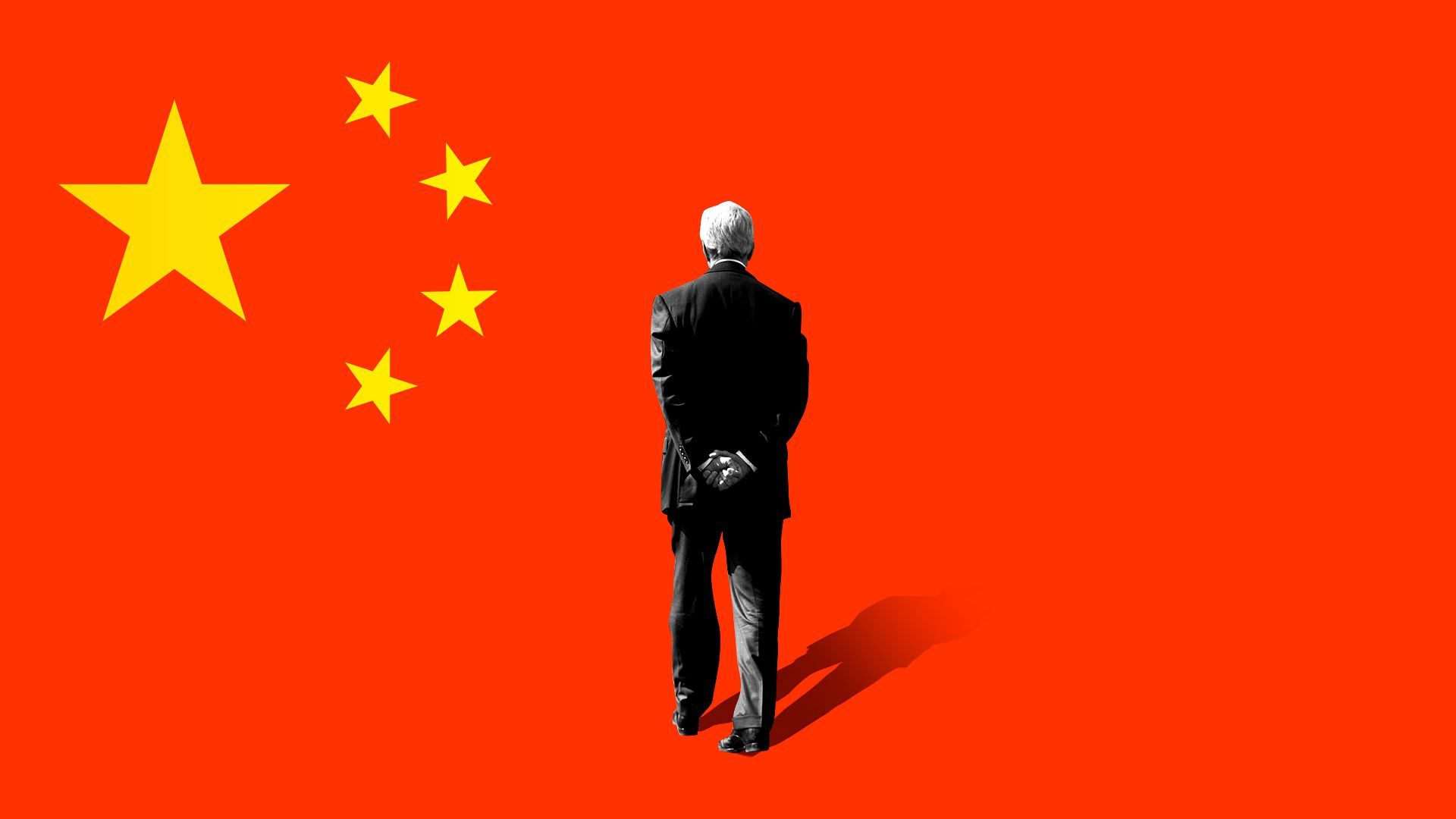 Photo illustration of John Kerry walking away towards the Chinese flag.