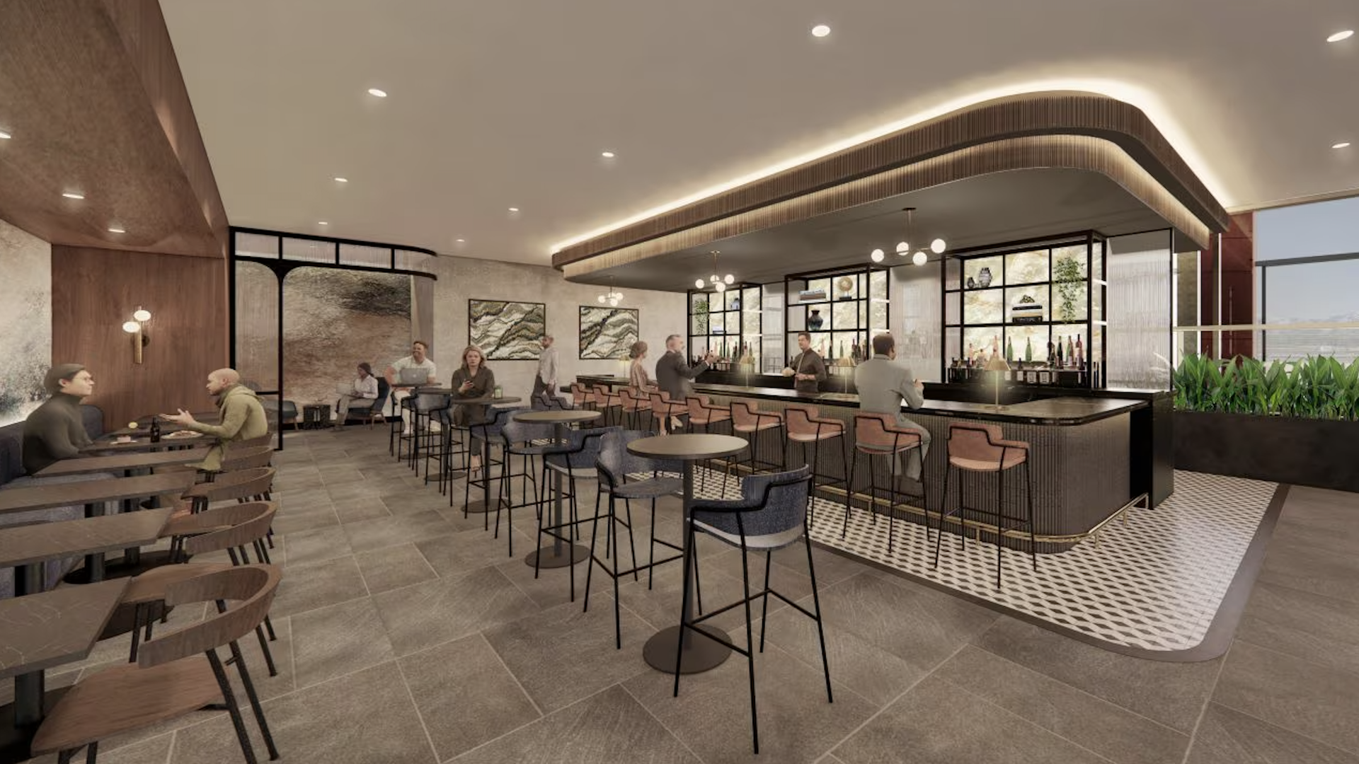 A rendering of a lounge.