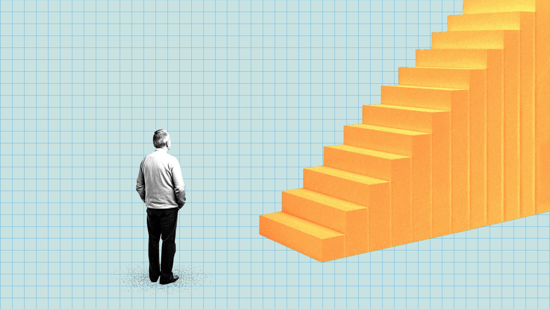 Illustration of a person facing a tall staircase, looking toward the top.