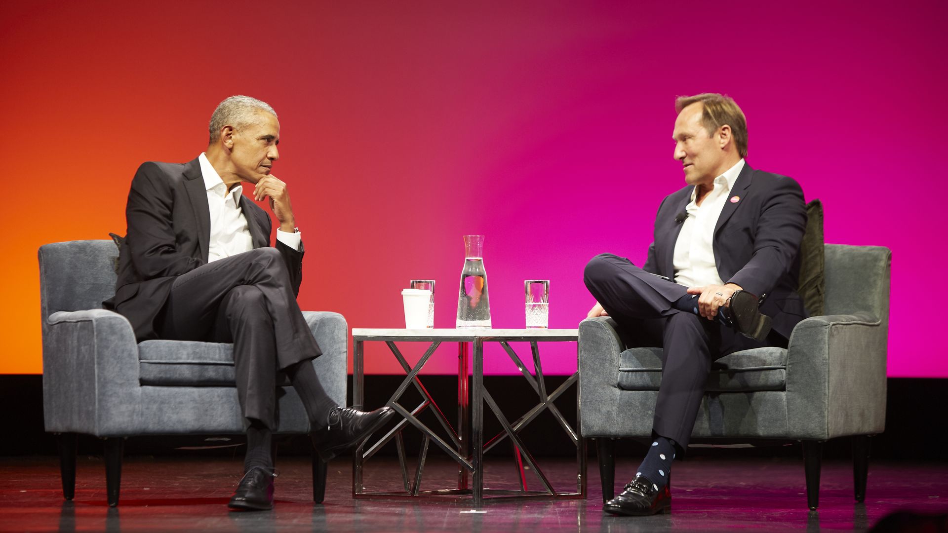 President Obama speaks with Splunk CEO Douglas Merritt on Wednesday.