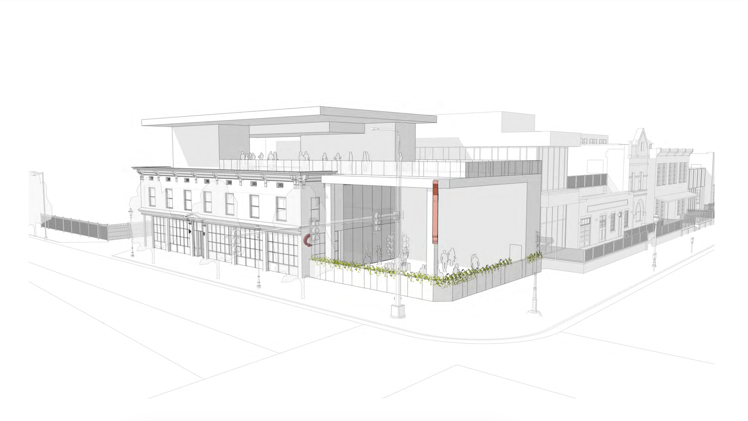 A large building rendering including a corner lot with an outdoor patio, and a rooftop bar on top of it. 