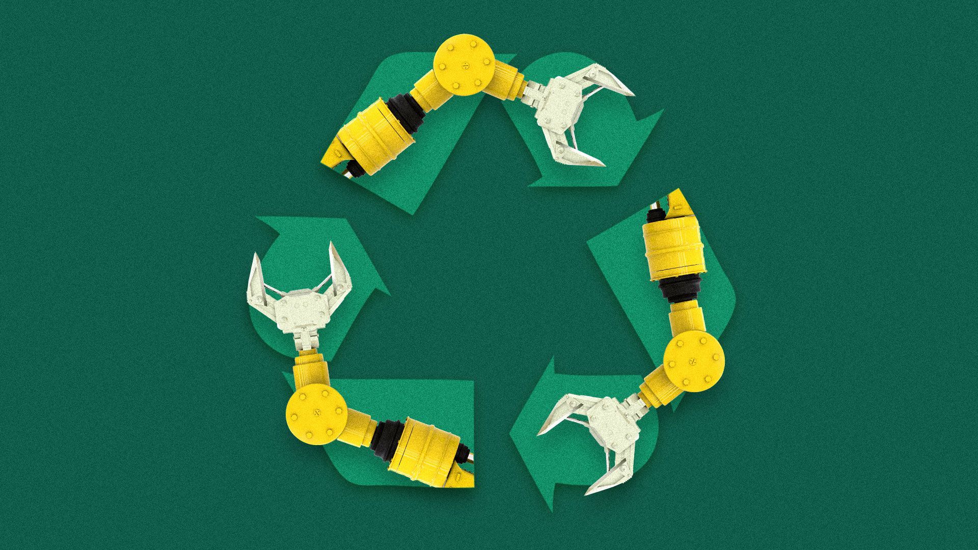 Illustration of three robot arms in the shape of a recycling symbol.