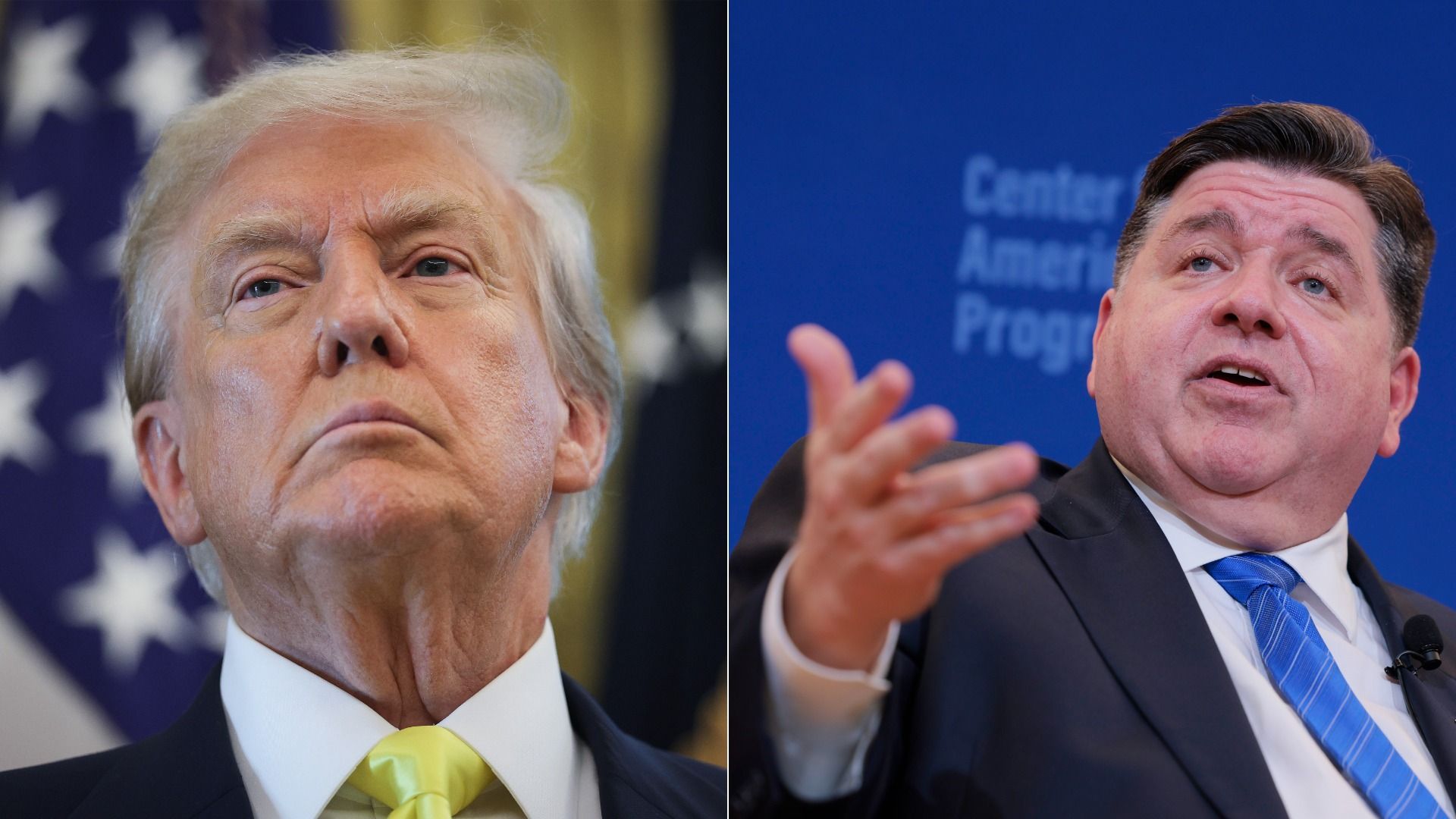A split image showing President Trump and Illinois Gov. JB Pritzker.