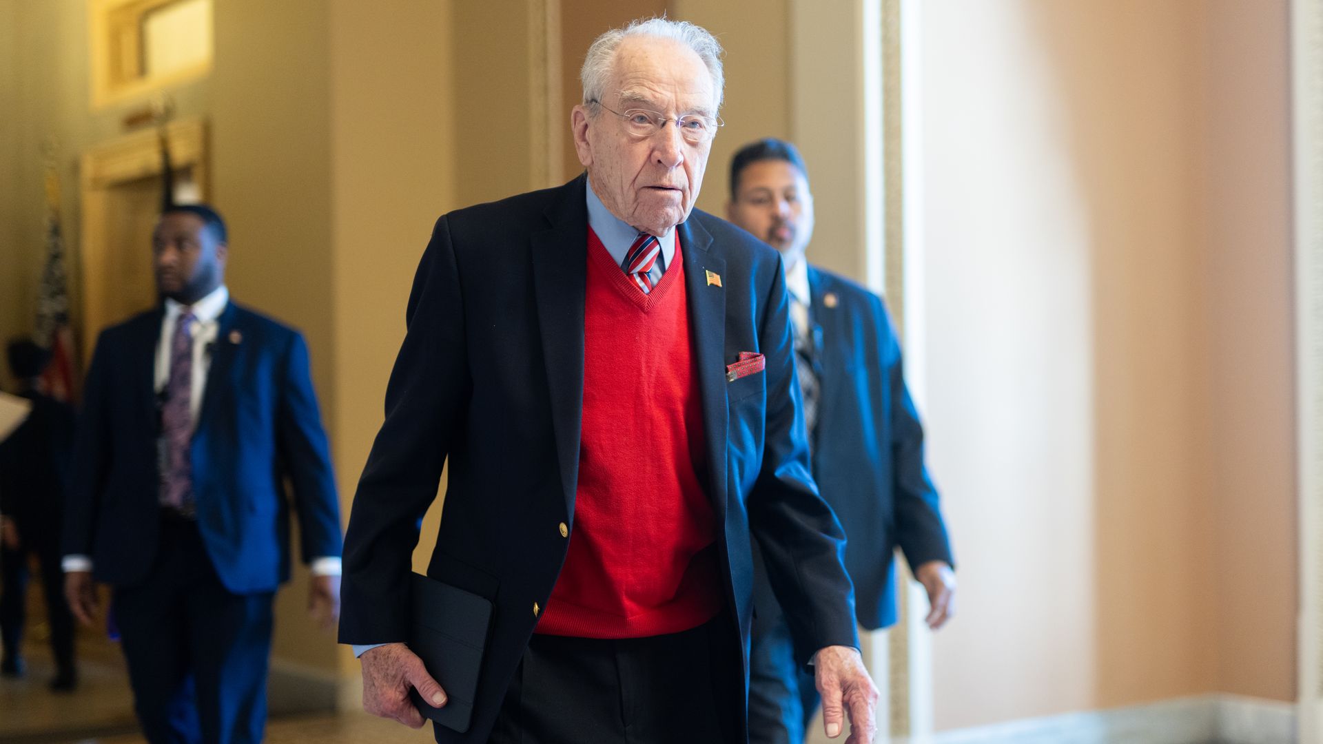  Senator Chuck Grassley (R-IA) speaks to the press as he arrives at a Senate Republican caucus luncheon inside the U.S. Capitol 
