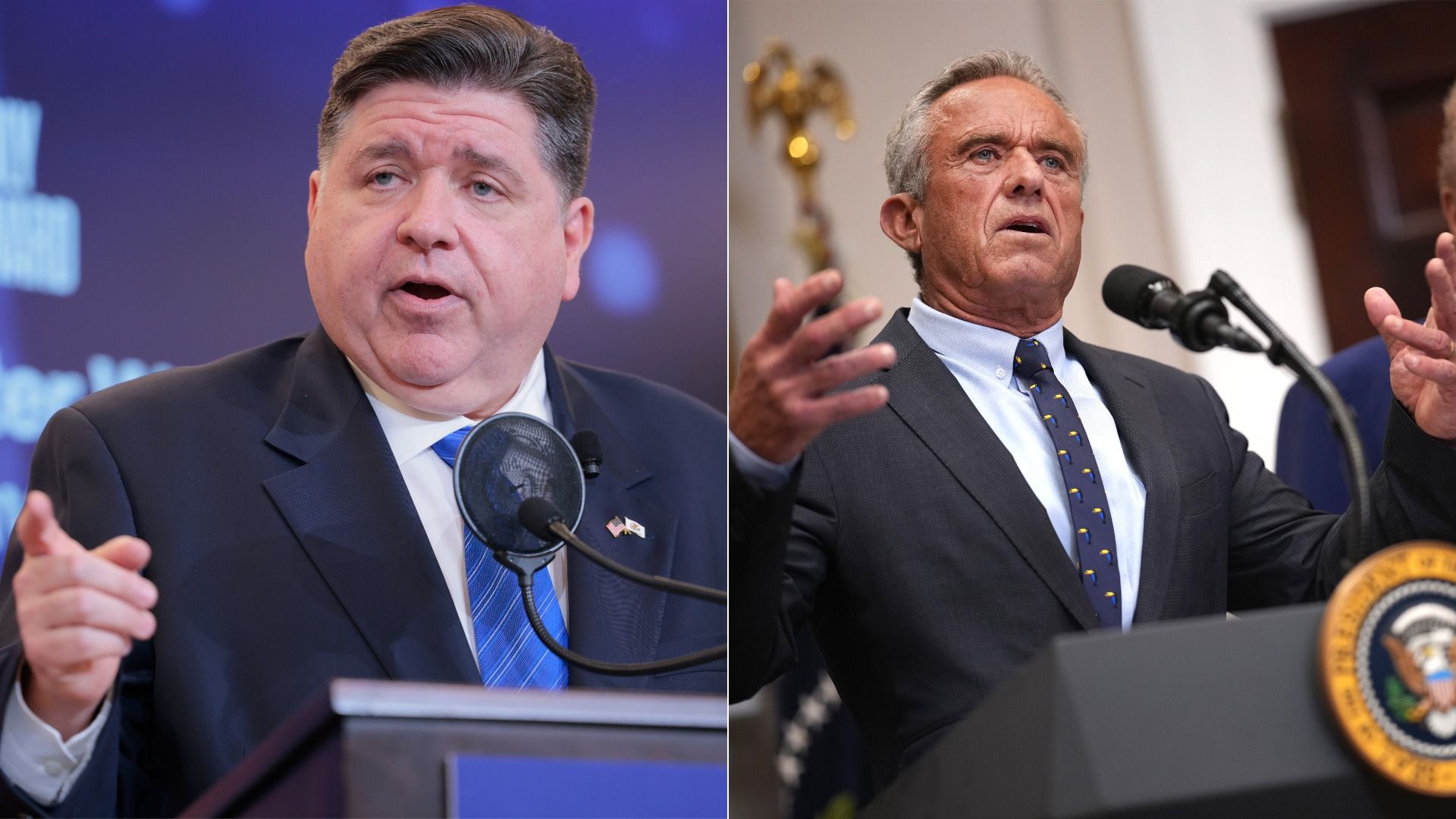 Illinois Gov. JB Pritzker in a suit and blue tie at a podium. HHS Sec. Robert F. Kennedy, Jr. in a suit and dark tie at a podium.