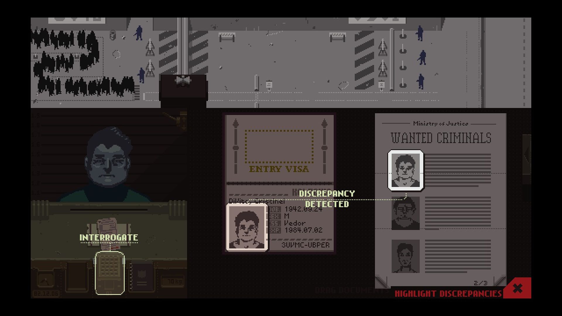 Screenshot of a video game showing documents that a border guard is checking, noting a discrepancy in images