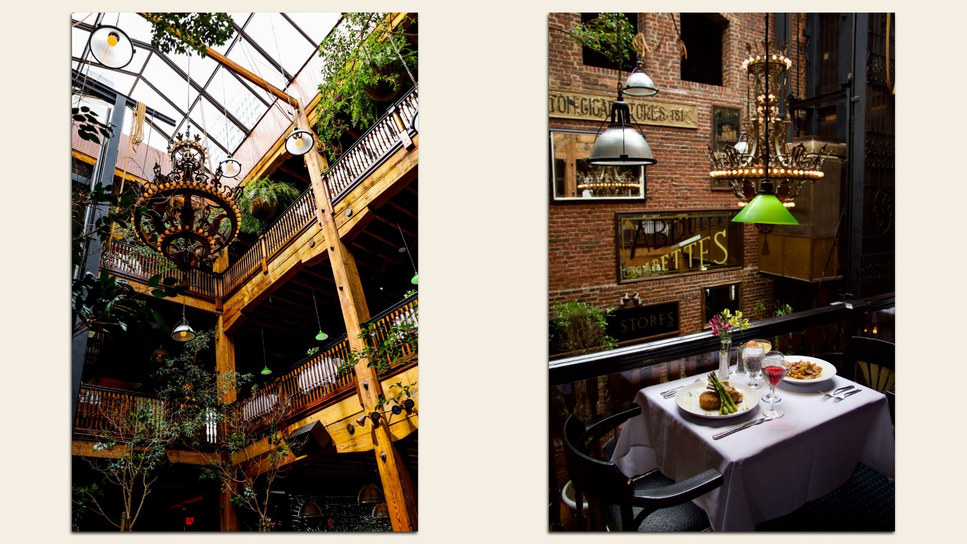 Two vertical photos side by side: left a wooden multi-level atrium with ornate chandeliers, hanging plants, and a glass roof; right a brick-walled cafe with chandeliers and a table set for dinner.