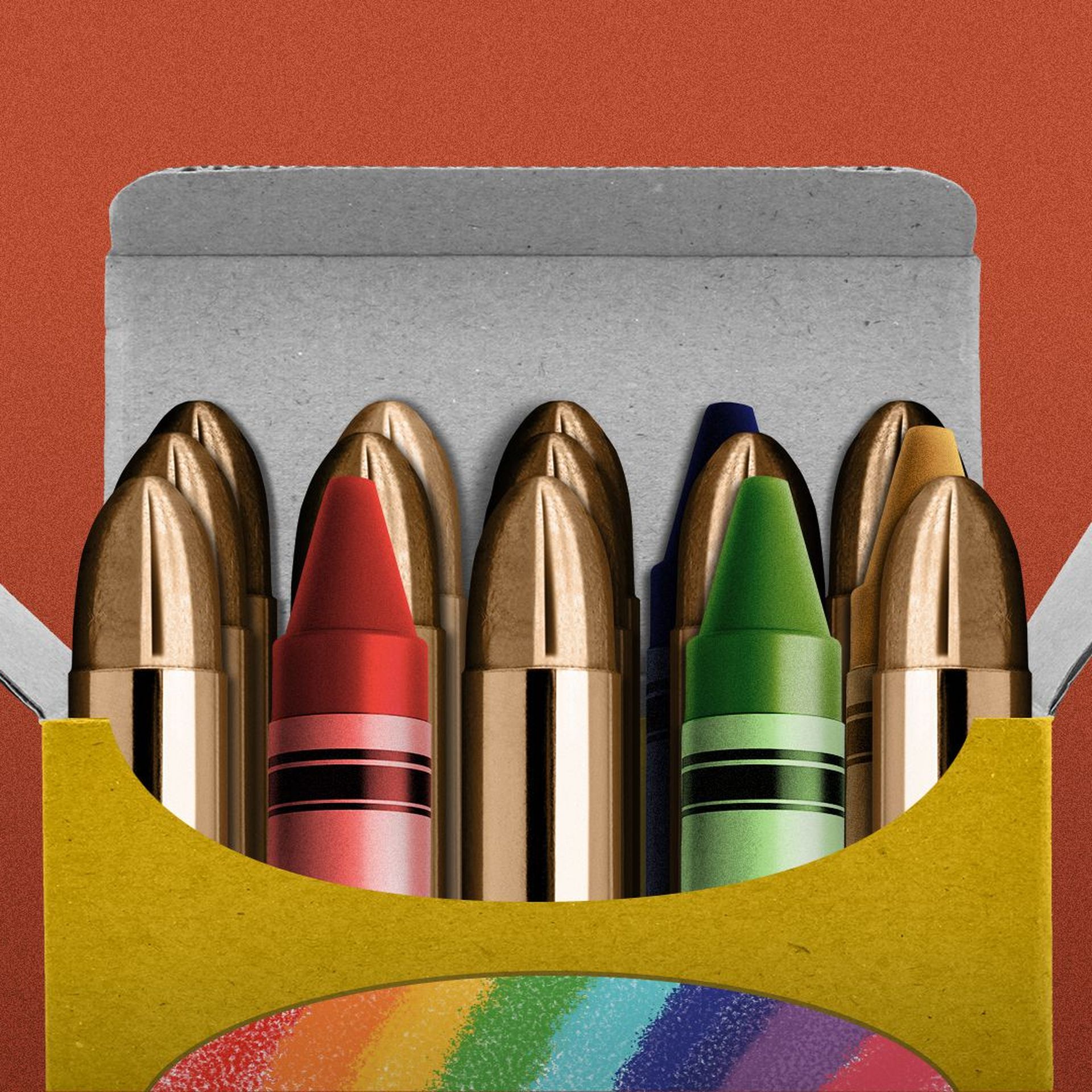 Illustration of bullets and crayons in a crayon box.