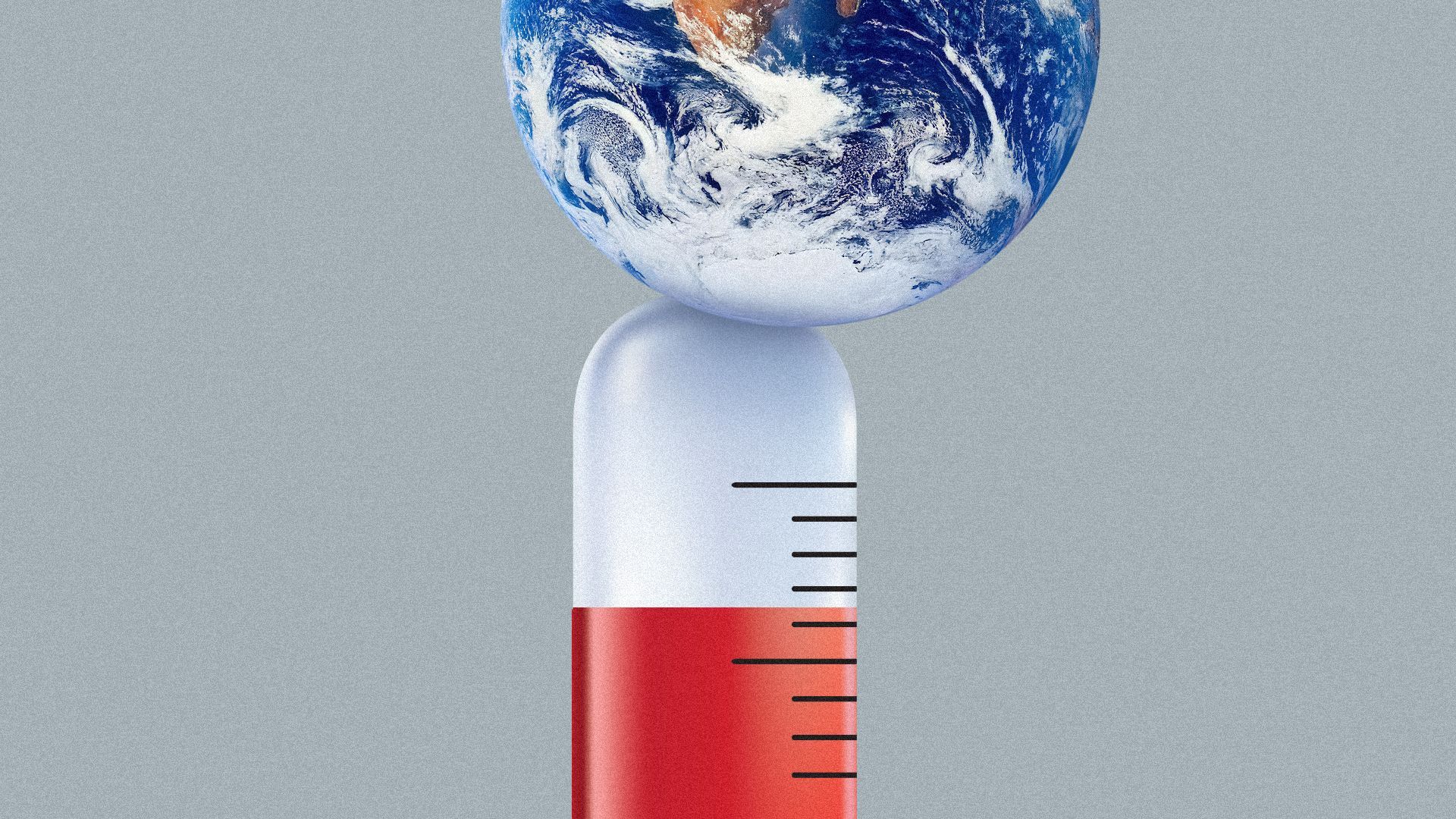 Illustration of a globe tipping off balance on top of a large thermometer