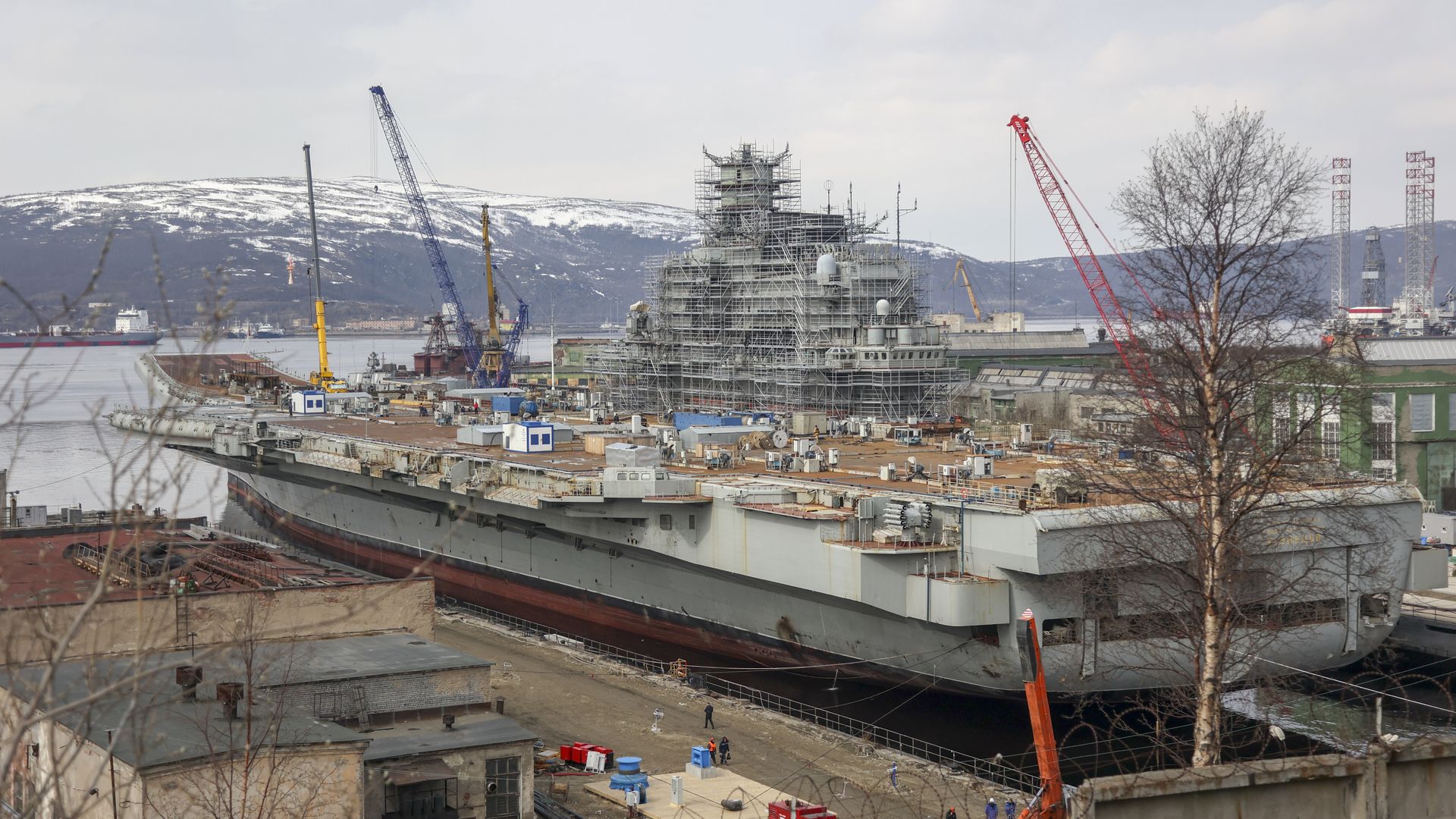Admiral Kuznetso in a shipyard for maintenance and repair work in Murmansk, Russia, in May 2022.