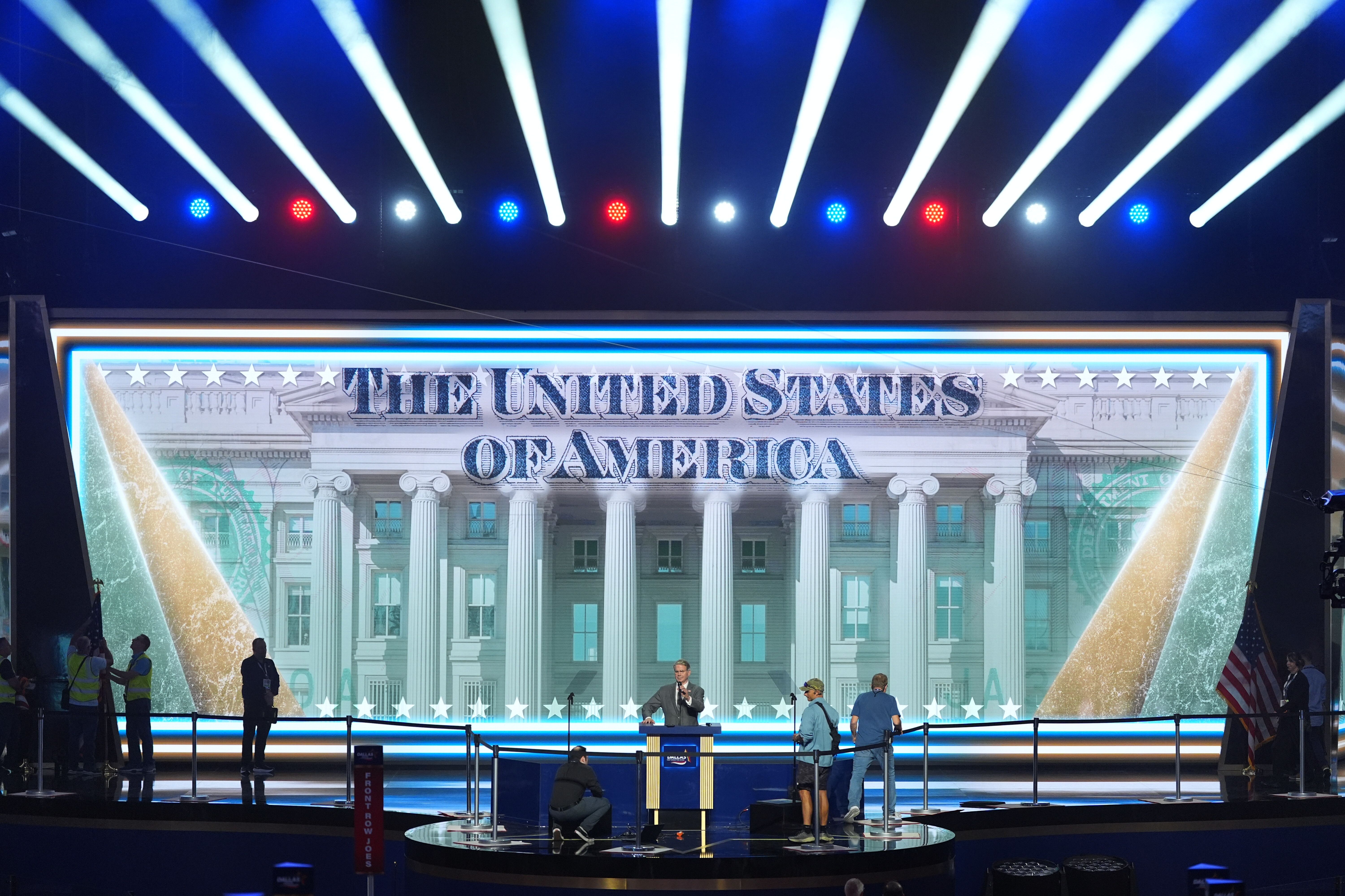 Treasury Secretary Scott Bessent rehearses yesterday at the podium of the Republican midterm convention in Dallas.