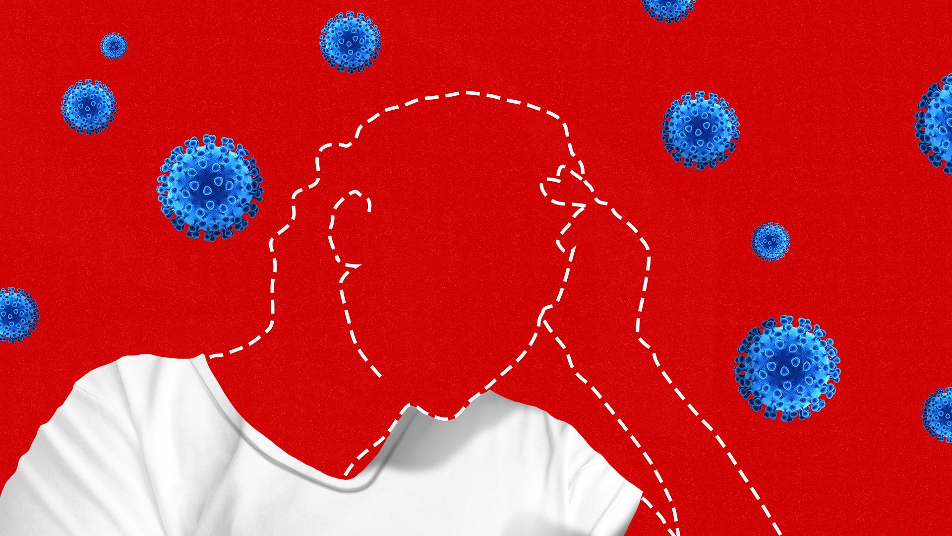 Illustration of a person in outline with covid particles surrounding her 