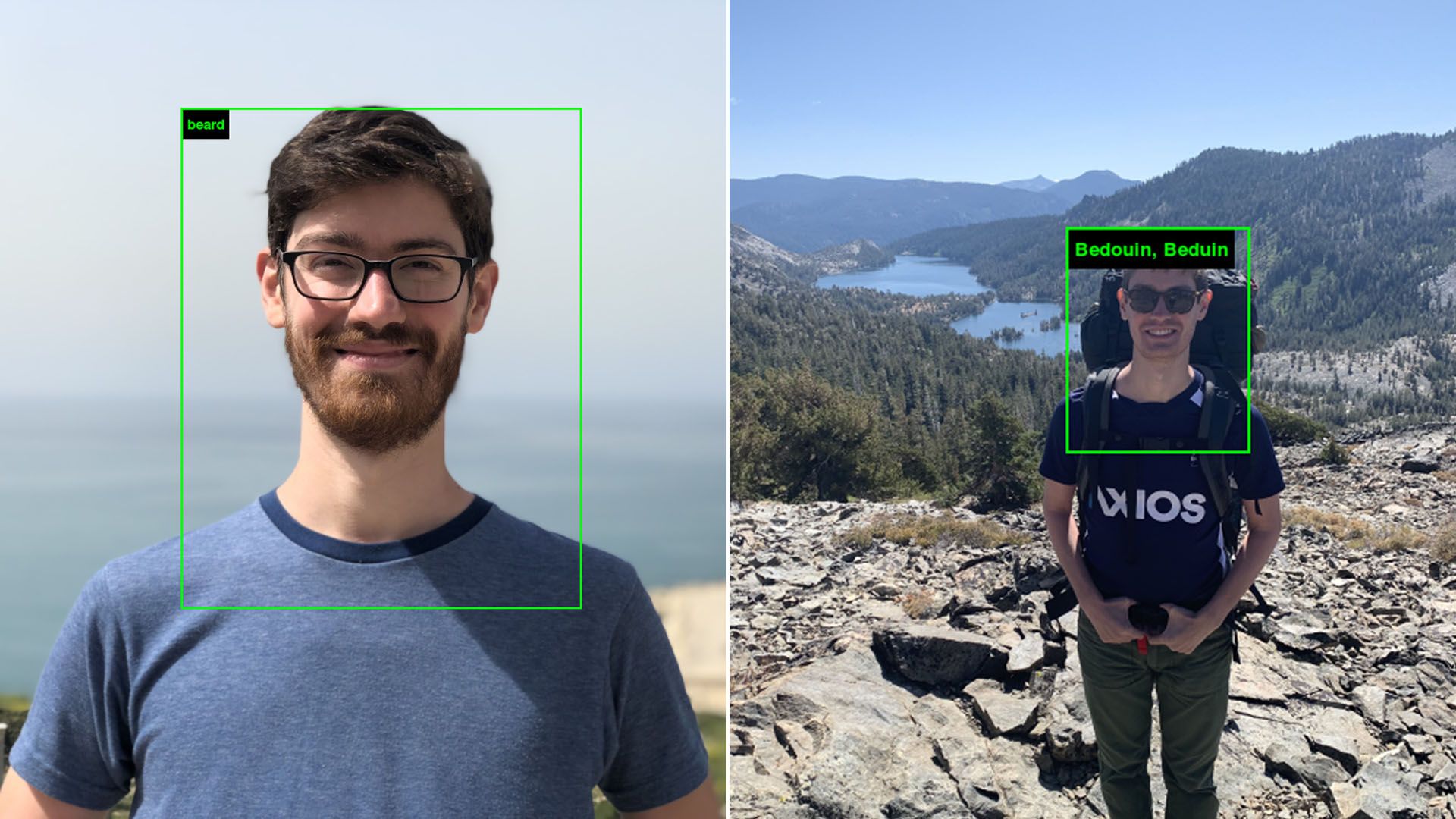 Side-by-side photos of a man with labeled green boxes around each face. One reads "beard" and the other reads "bedouin."