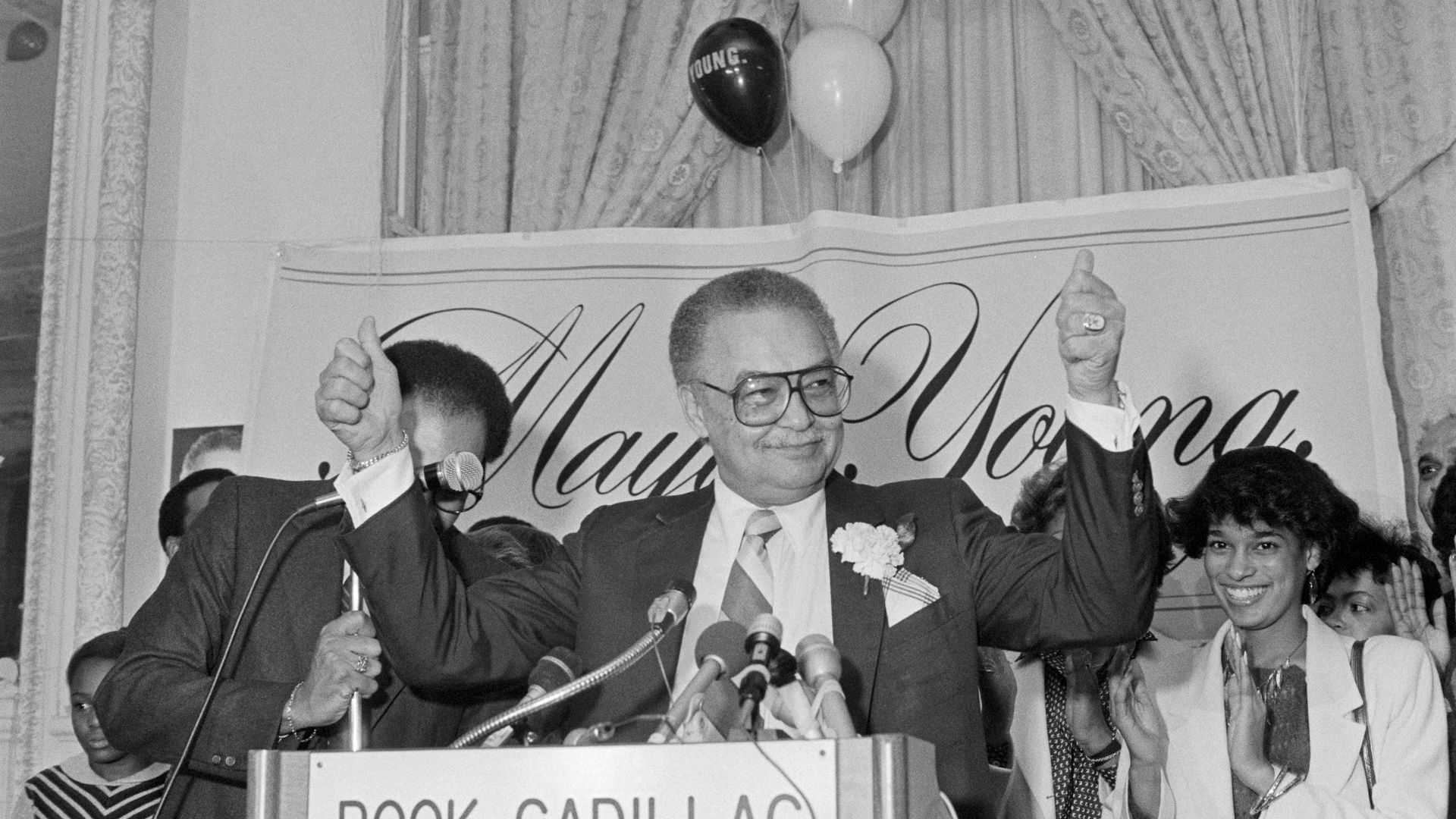 Coleman A. Young after his re-election to a third term.