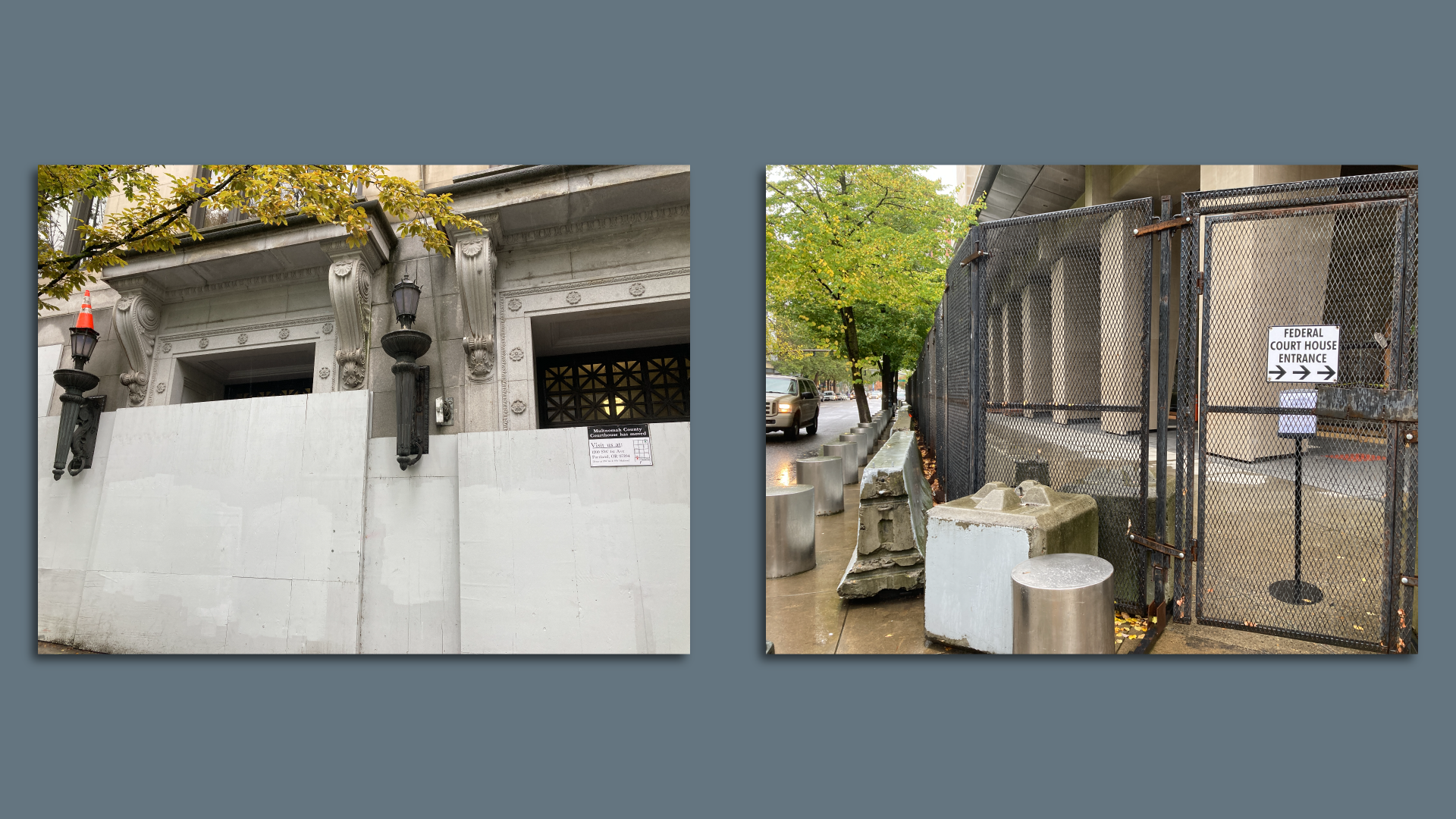 One building with plywood boarding up the front door and another with fencing and concrete blocks around it.