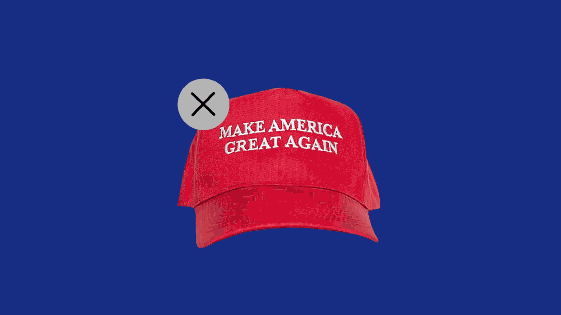 Animated illustration of wiggling Make America Great Again (MAGA) hat with a delete button