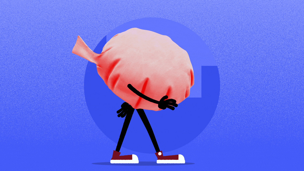 Animated illustration of a whoopee cushion with arms and legs walking.