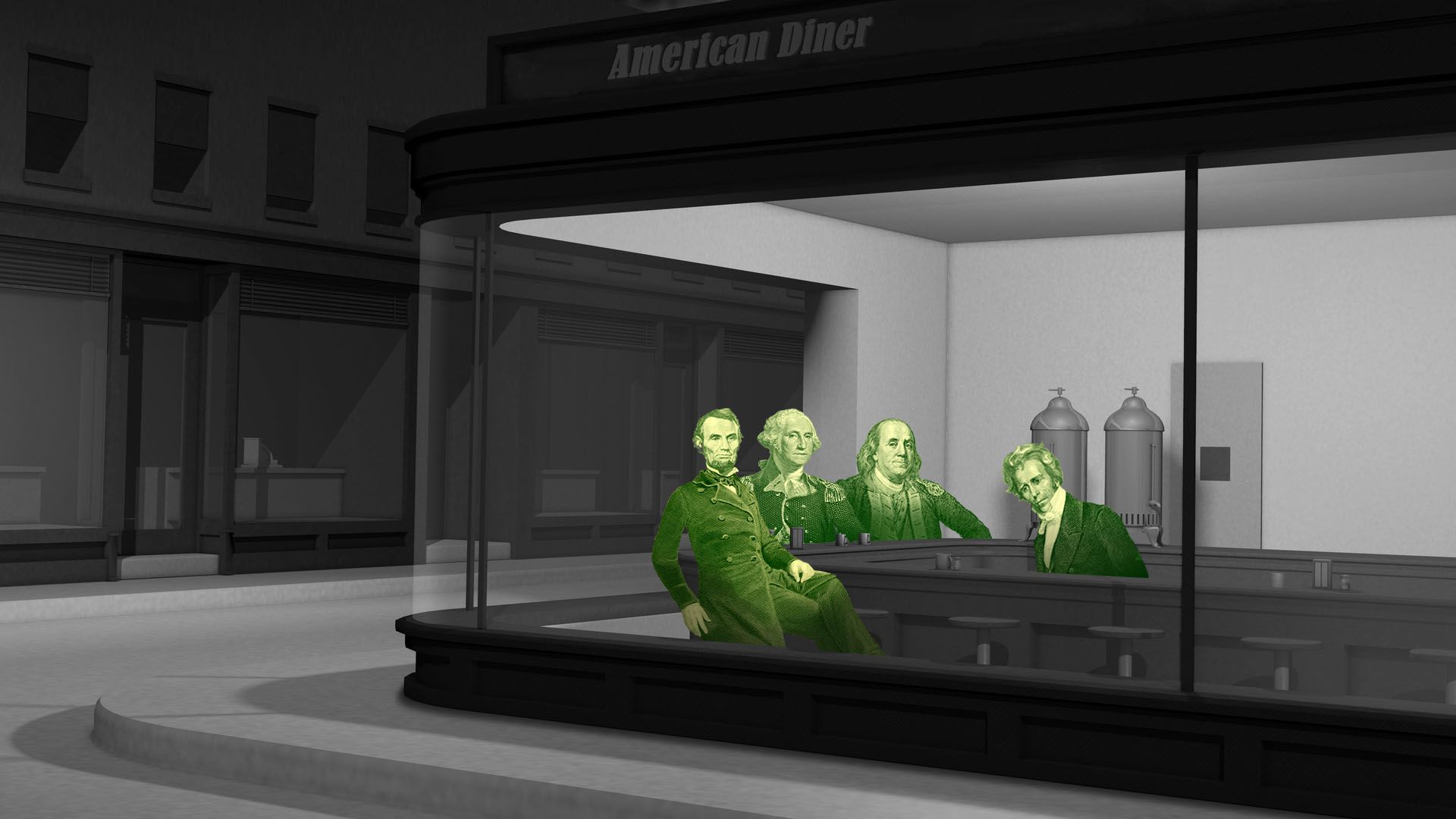 Illustration of monetary-renderings of Presidents Lincoln, Jackson, and Washington, and Benjamin Franklin, in the Nighthawks painting
