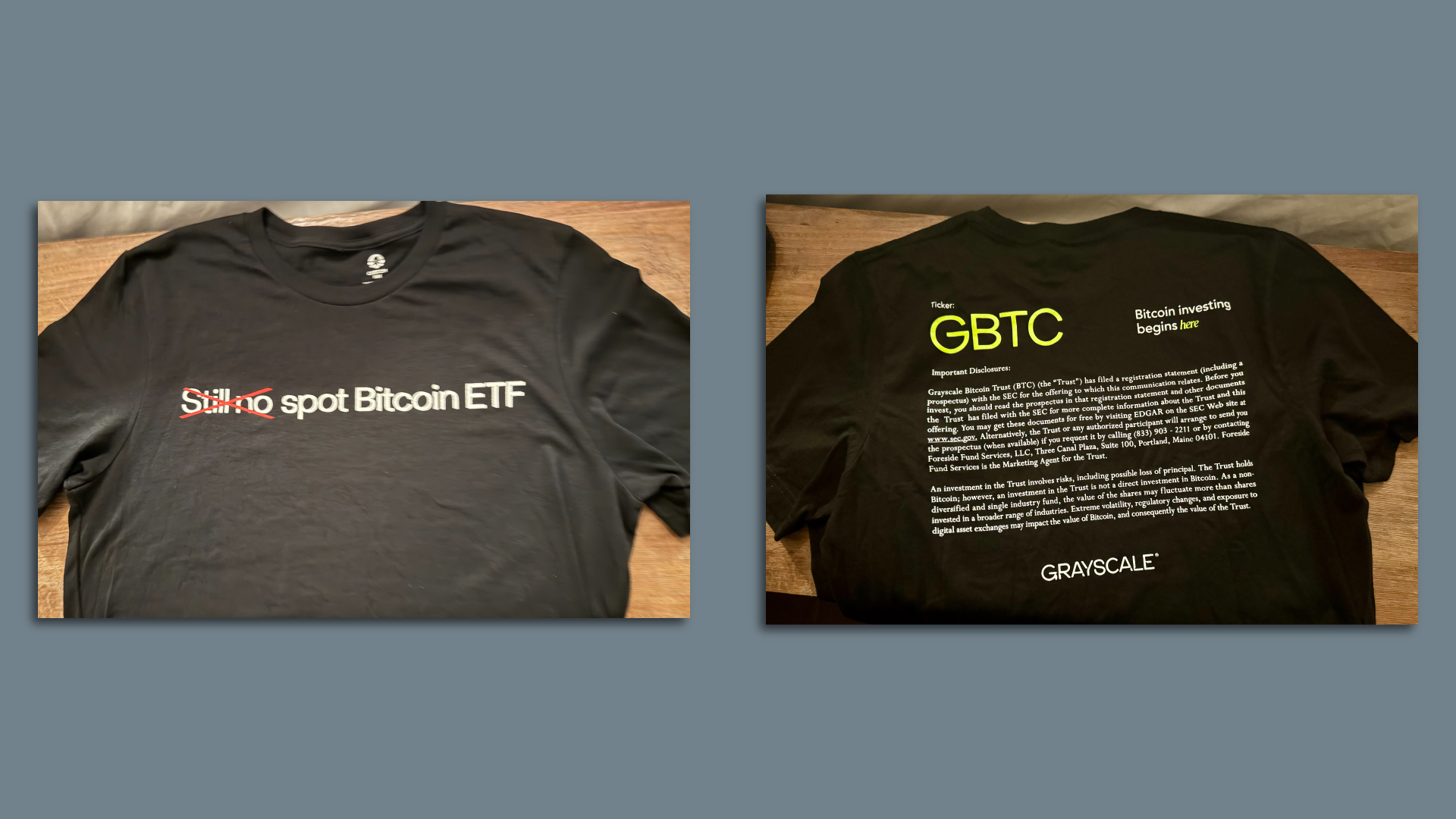A black t-shirt with "still no spot bitcoin ETF" but with "still no" crossed out with a red x