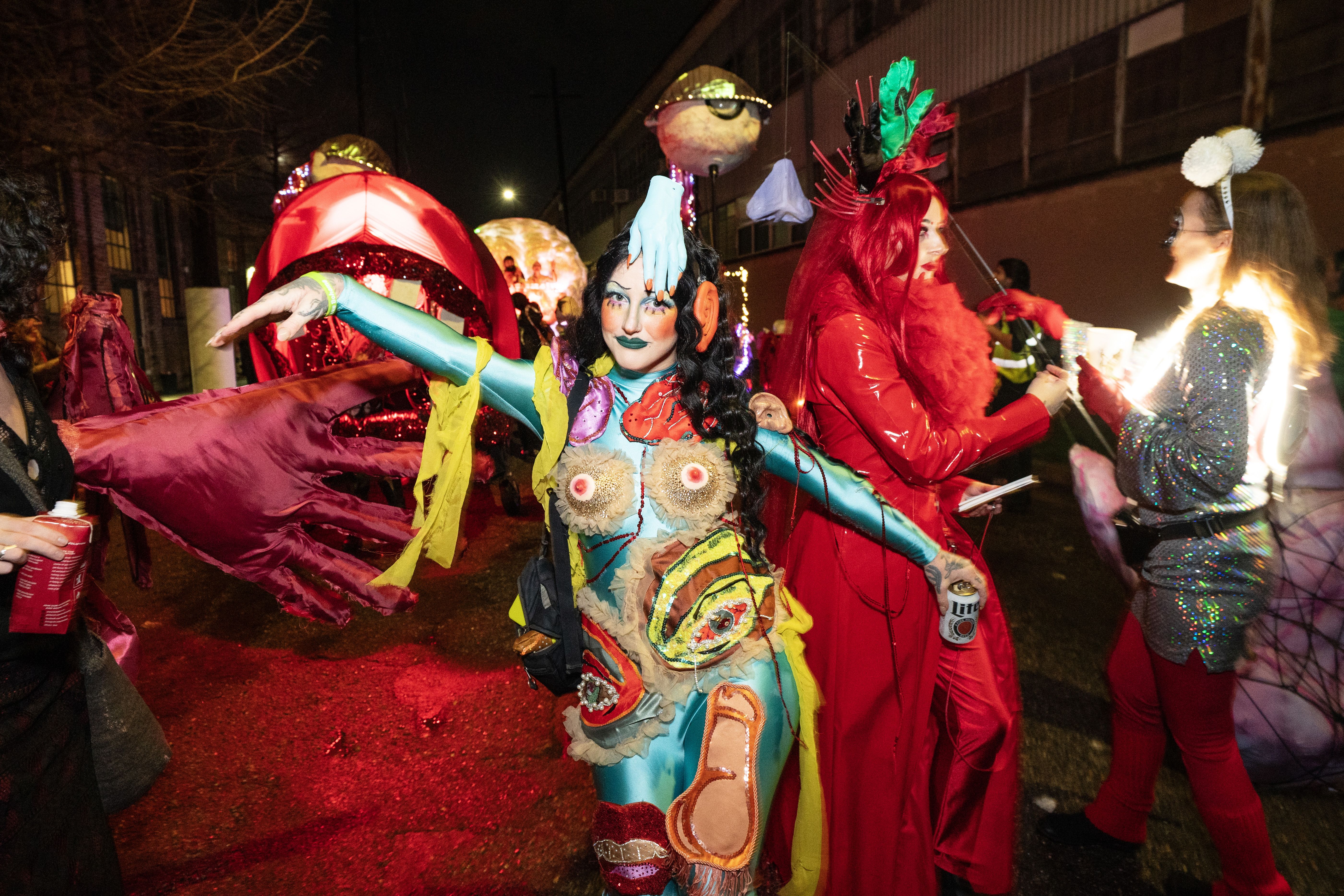 Photos shows a person dressed in a bodysuit costume