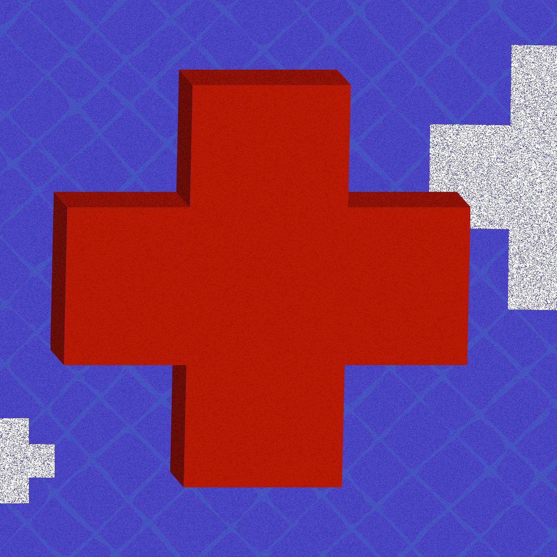 Illustration of a health plus in front of a criss-cross pattern surrounded by smaller plusses. 