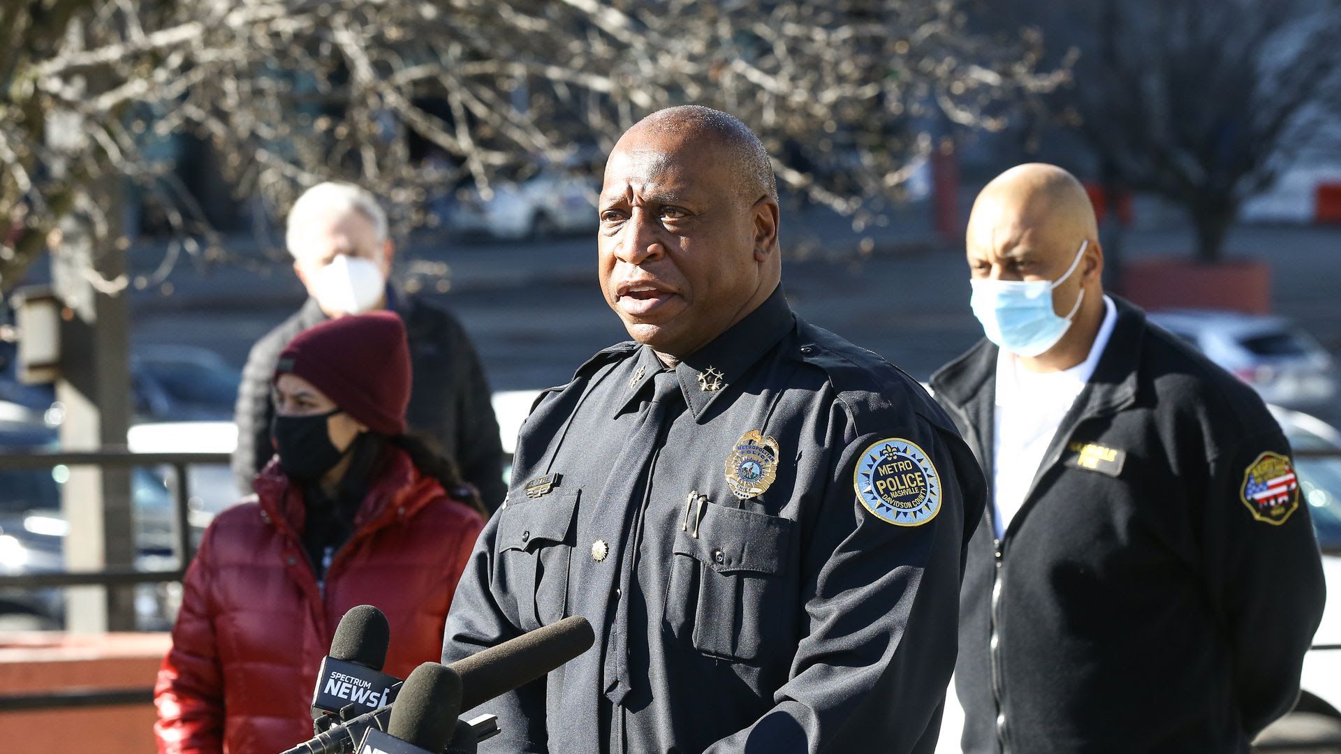 Nashville police chief John Drake stands in front of a mic to address the media in December, 2020.