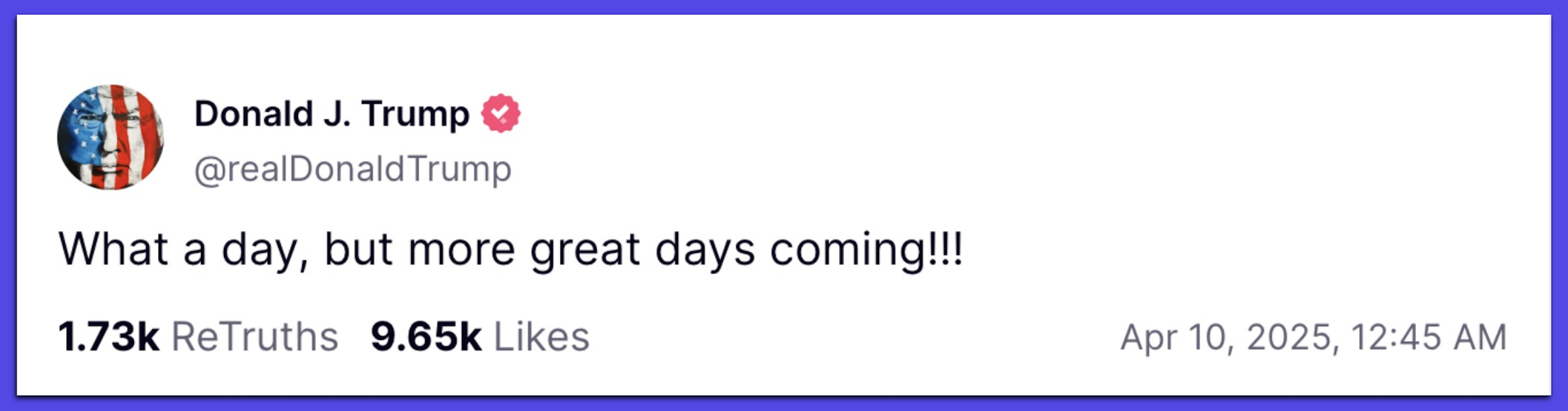 Trump: "What a day, but more great days coming!!!"