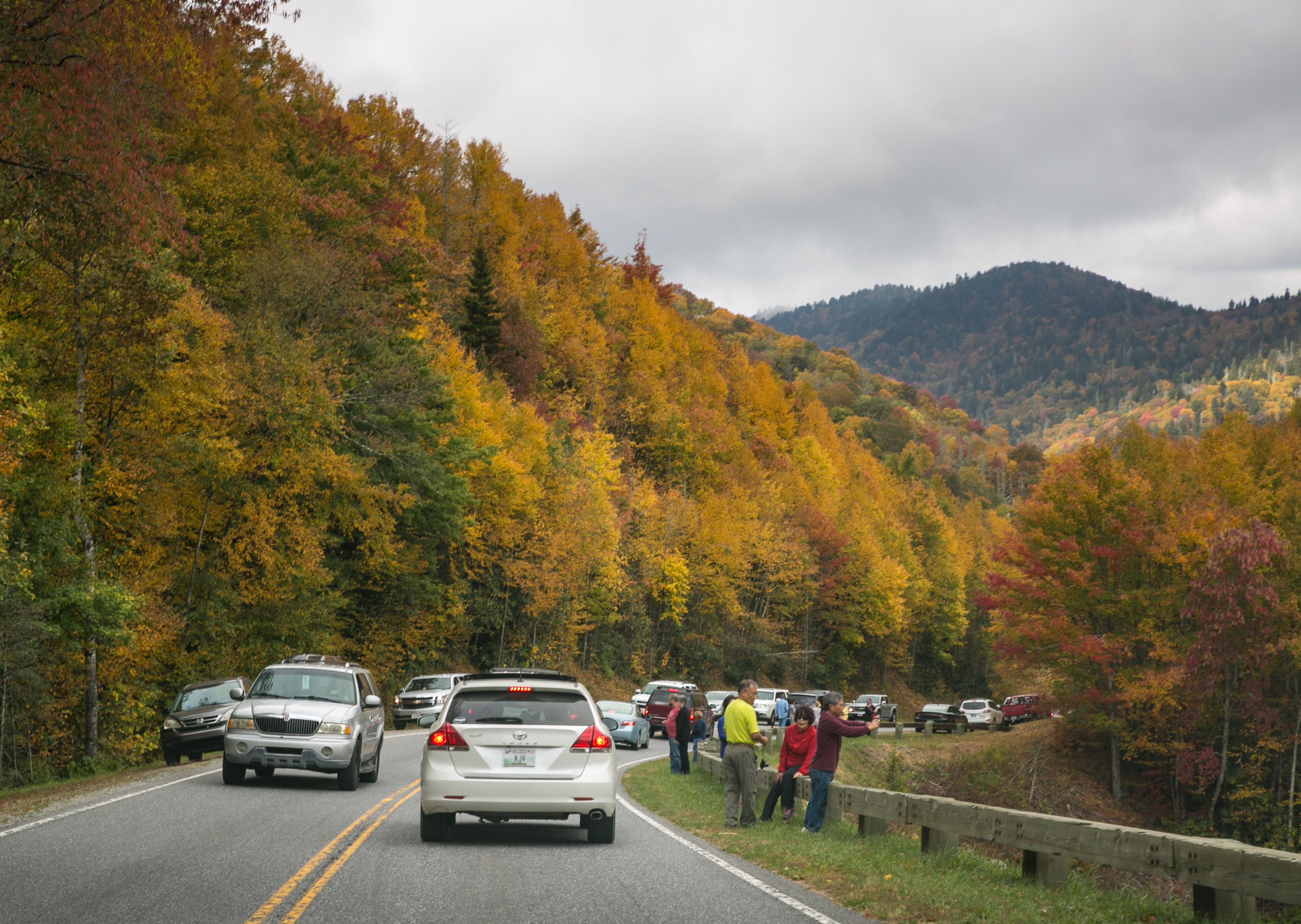 Cars park along the road to look at leaves changing colors during the fall.
